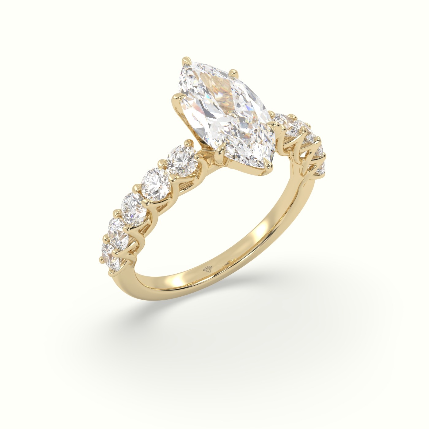 18K Yellow Gold Marquise Cut Diamond Engagement Ring with Side Stones