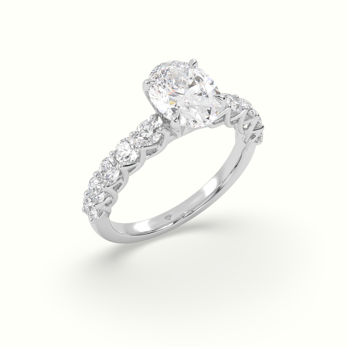 18K White Gold Oval Cut Diamond Engagement Ring with Side Stones