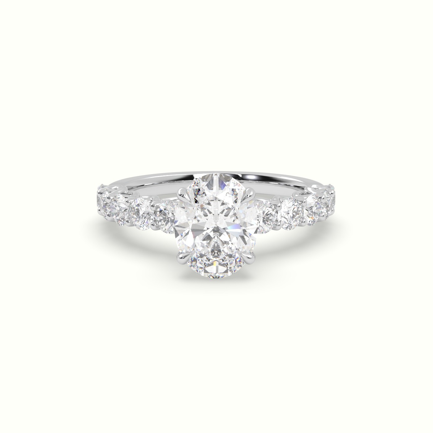 18K White Gold Oval Cut Diamond Engagement Ring with Side Stones