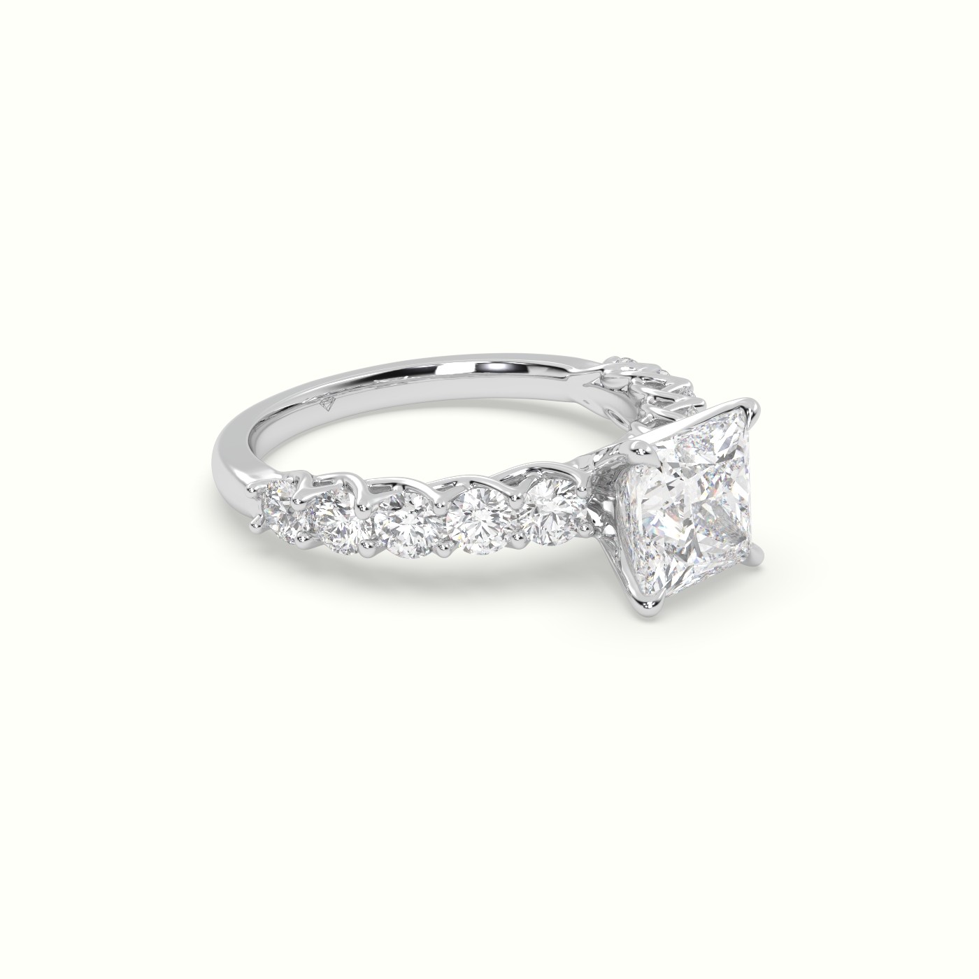 18K White Gold Princess Cut Diamond Engagement Ring with Side Stones