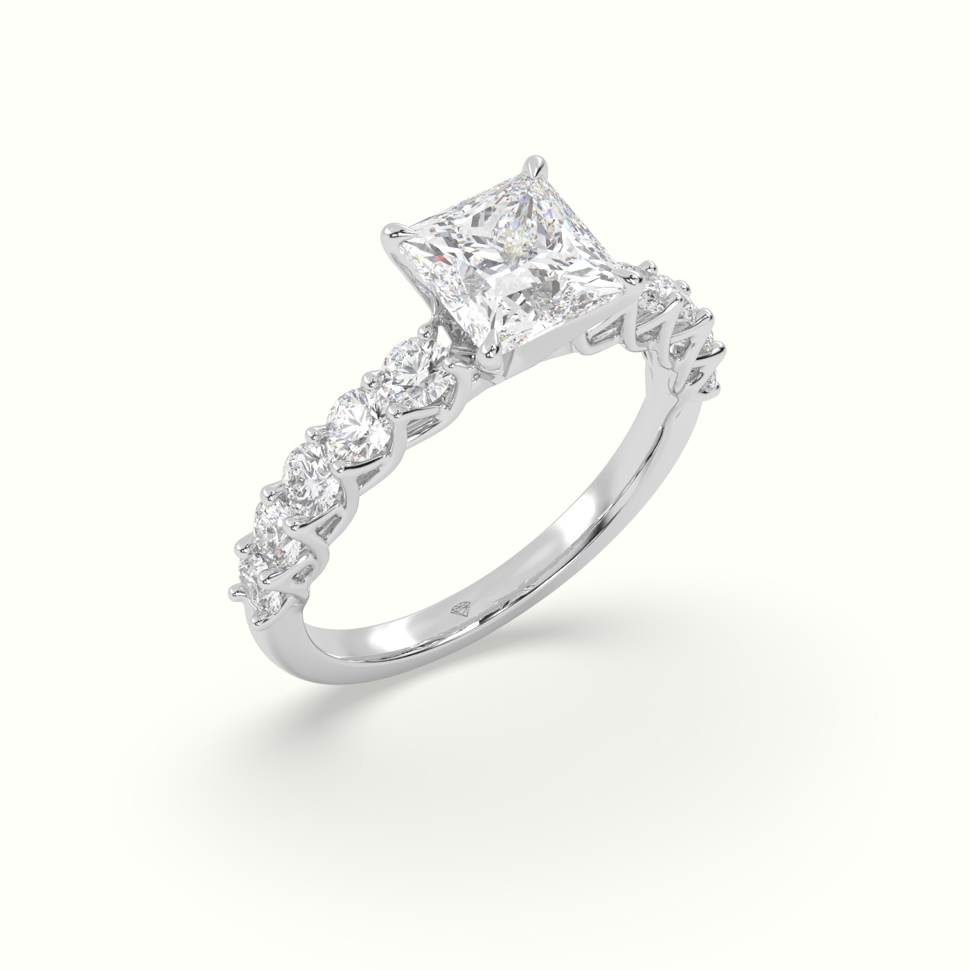 18K White Gold Princess Cut Diamond Engagement Ring with Side Stones