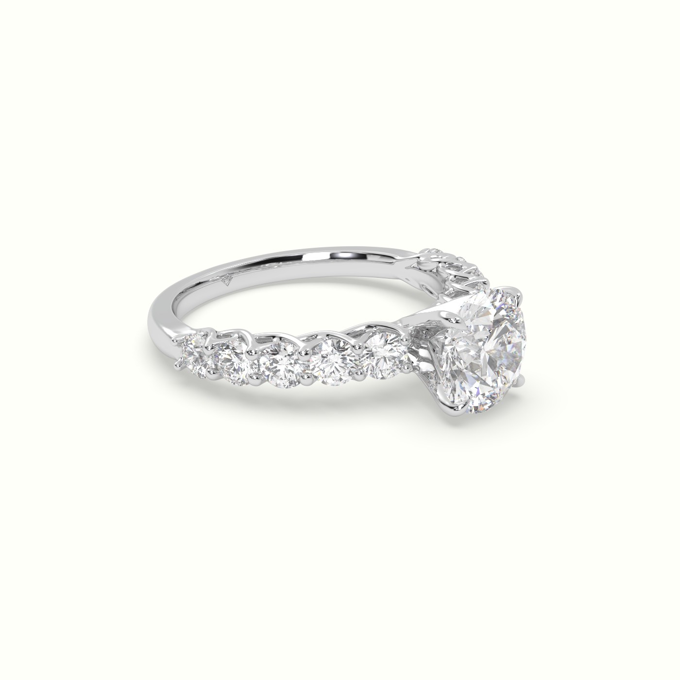 18K White Gold Round Cut Diamond Engagement Ring with Side Stones