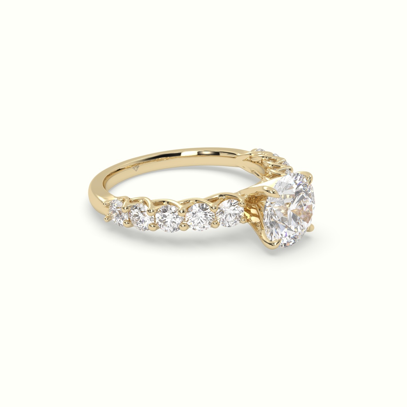 18K Yellow Gold Round Cut Diamond Engagement Ring with Side Stones