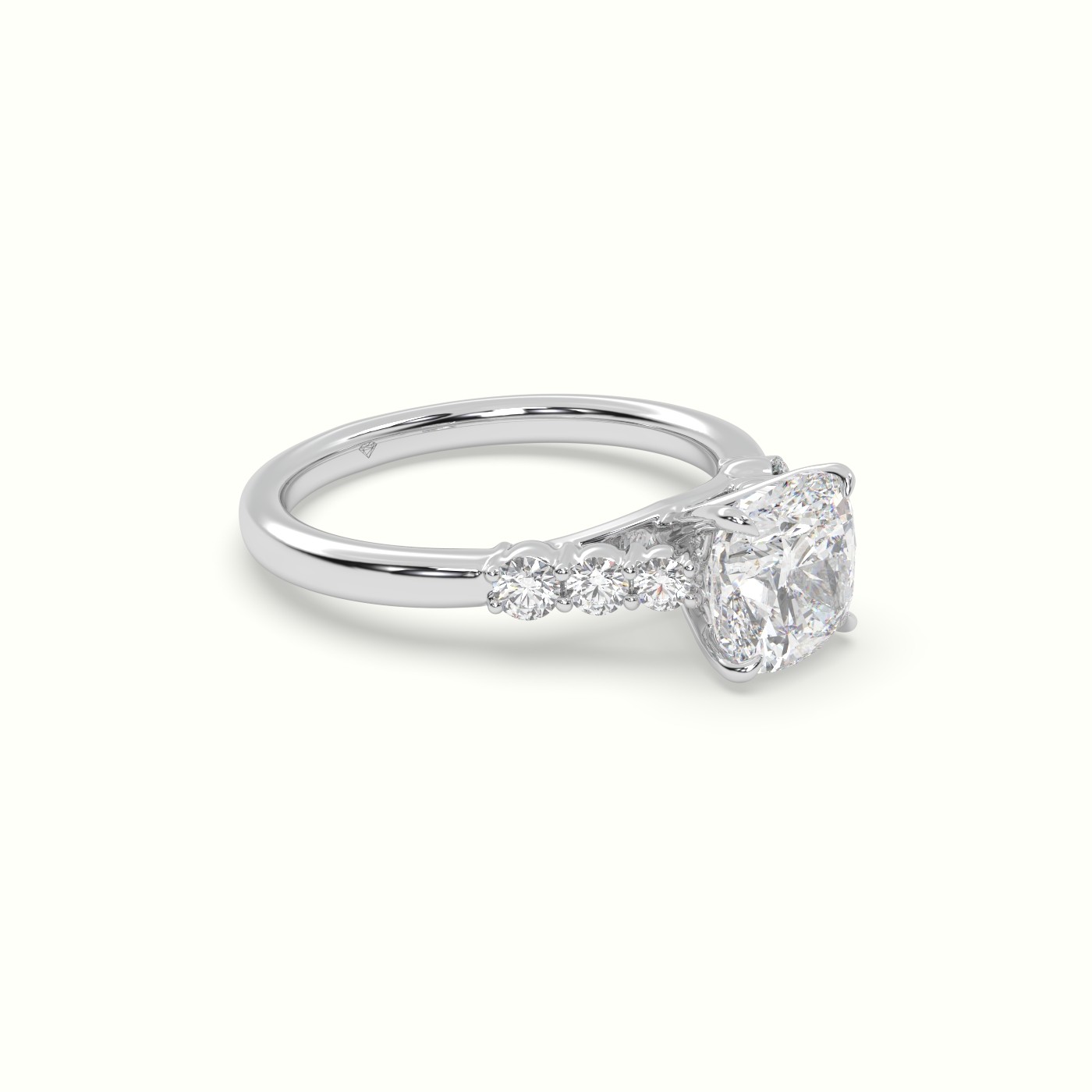 18K White Gold Cushion Cut Diamond Engagement Ring with Side Stones