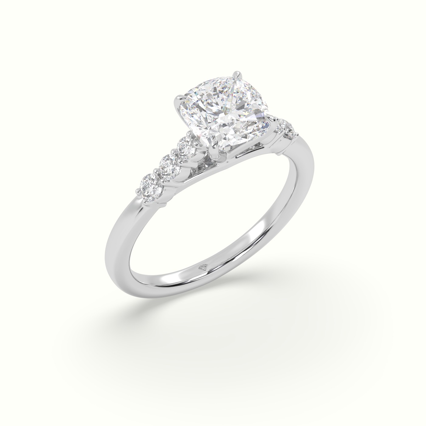 18K White Gold Cushion Cut Diamond Engagement Ring with Side Stones