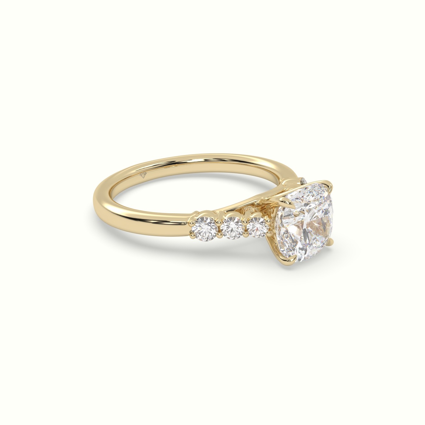 18K Yellow Gold Cushion Cut Diamond Engagement Ring with Side Stones