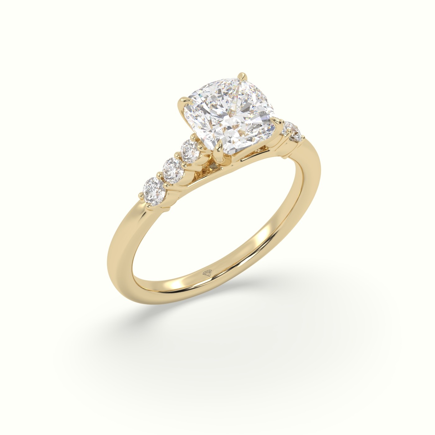18K Yellow Gold Cushion Cut Diamond Engagement Ring with Side Stones