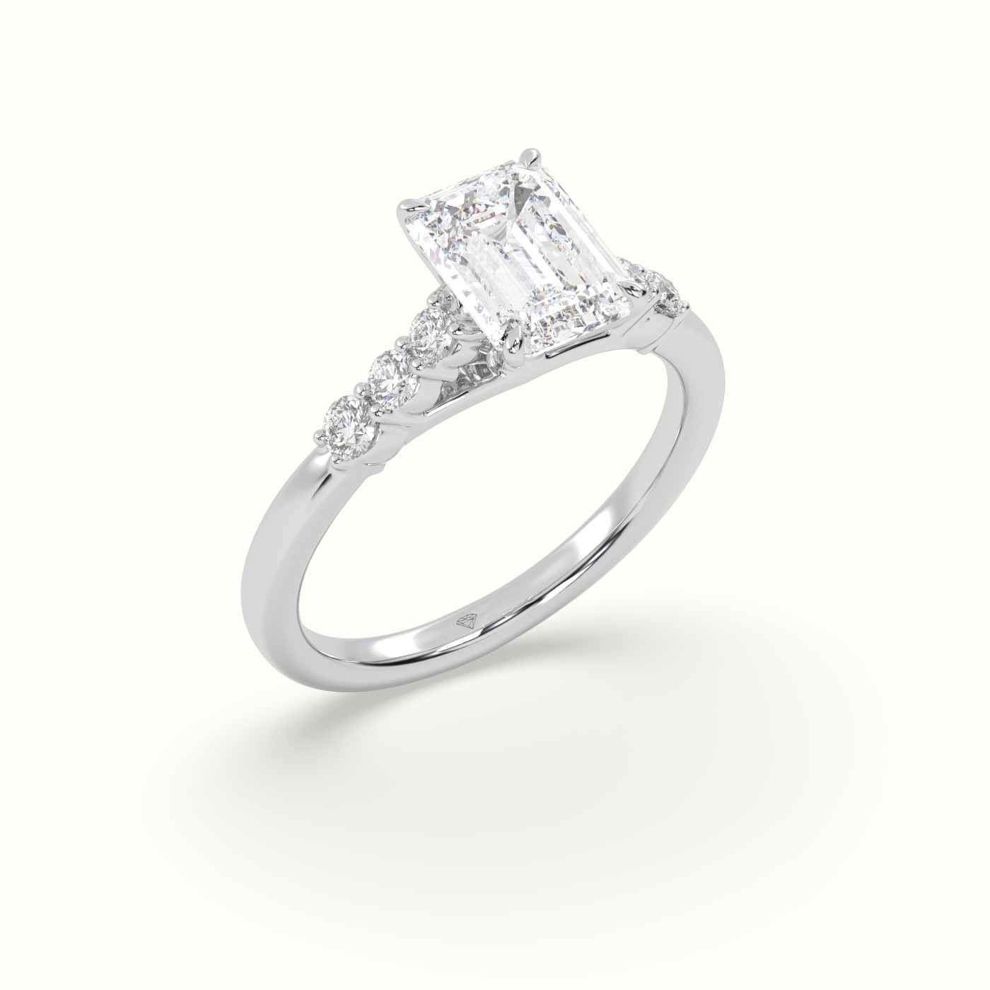 18K White Gold Emerald Cut Diamond Engagement Ring with Side Stones