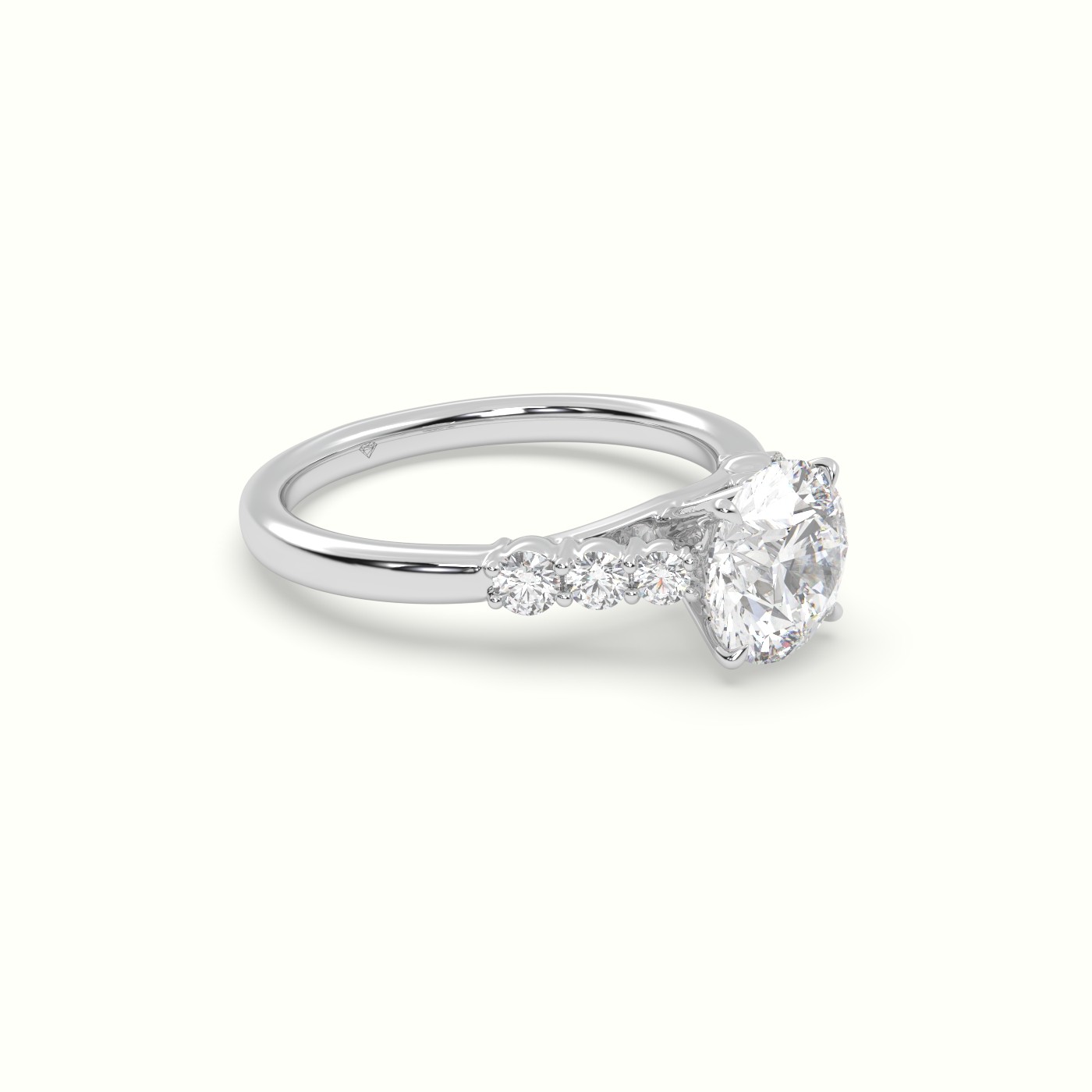 18K White Gold Round Cut Diamond Engagement Ring with Side Stones