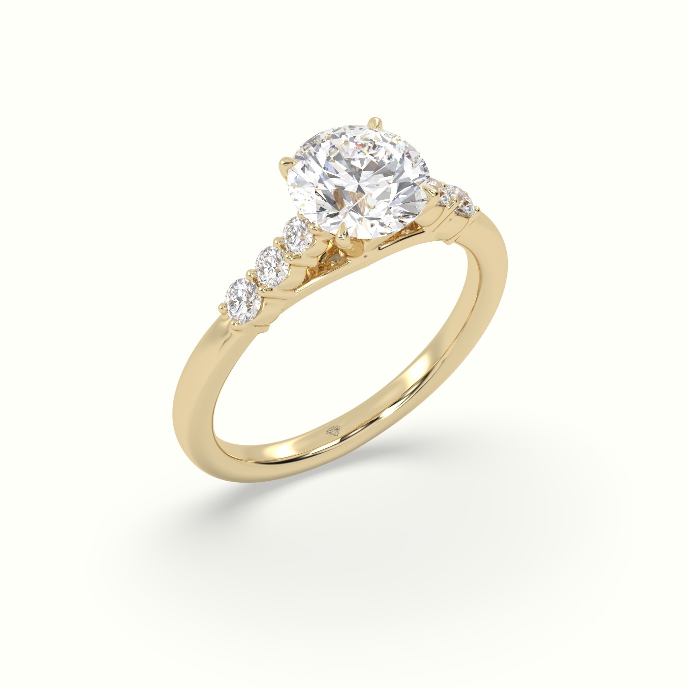 18K Yellow Gold Round Cut Diamond Engagement Ring with Side Stones