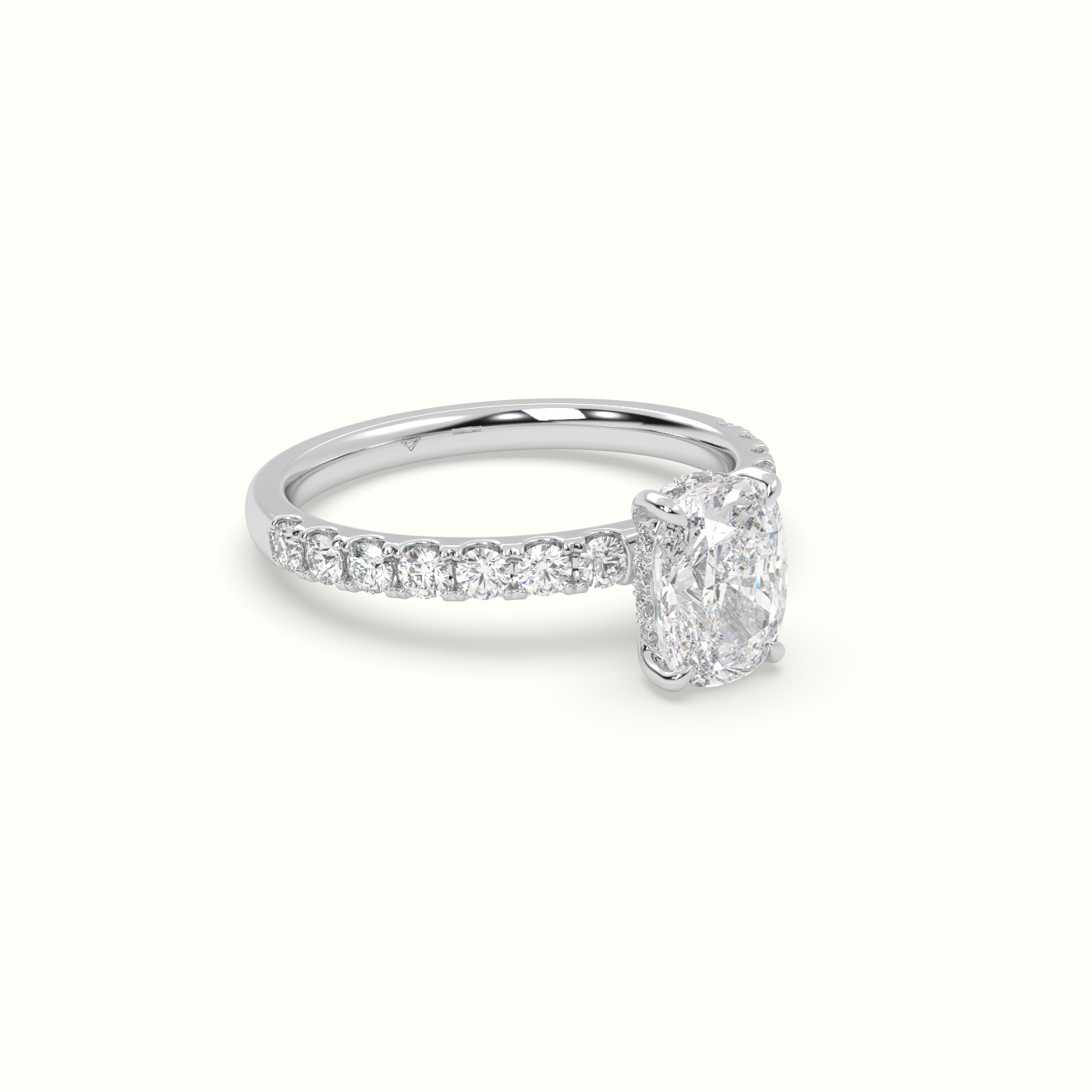 18K White Gold Cushion Cut Hidden Halo Side Stone Engagement Ring
