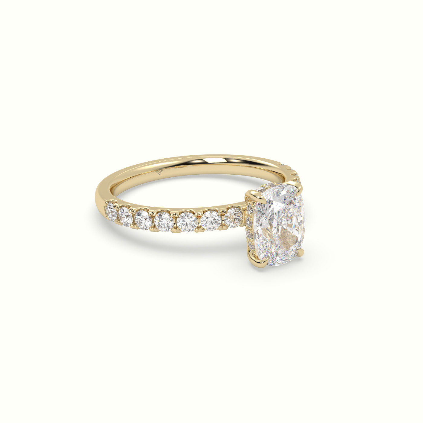 18K Yellow Gold Cushion Cut Hidden Halo Side Stone Engagement Ring