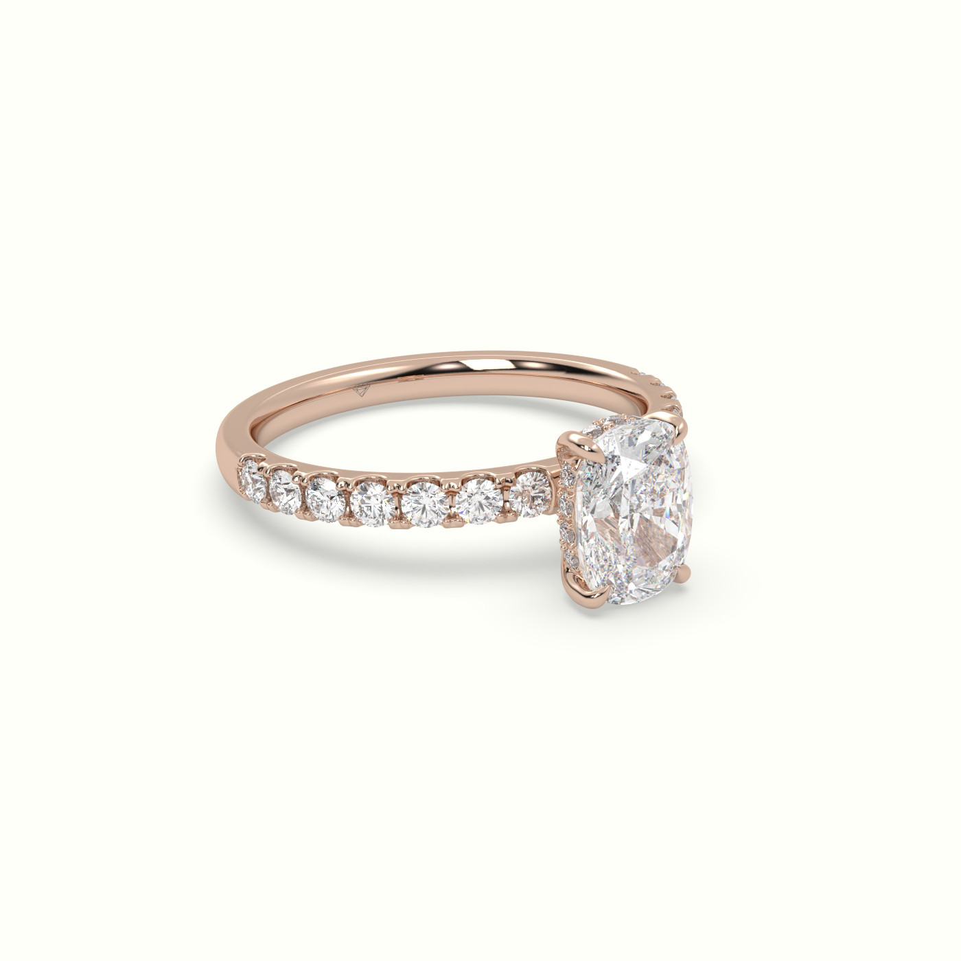18K Rose Gold Cushion Cut Hidden Halo Side Stone Engagement Ring