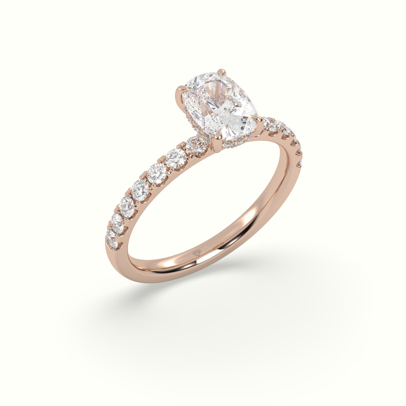 18K Rose Gold Cushion Cut Hidden Halo Side Stone Engagement Ring