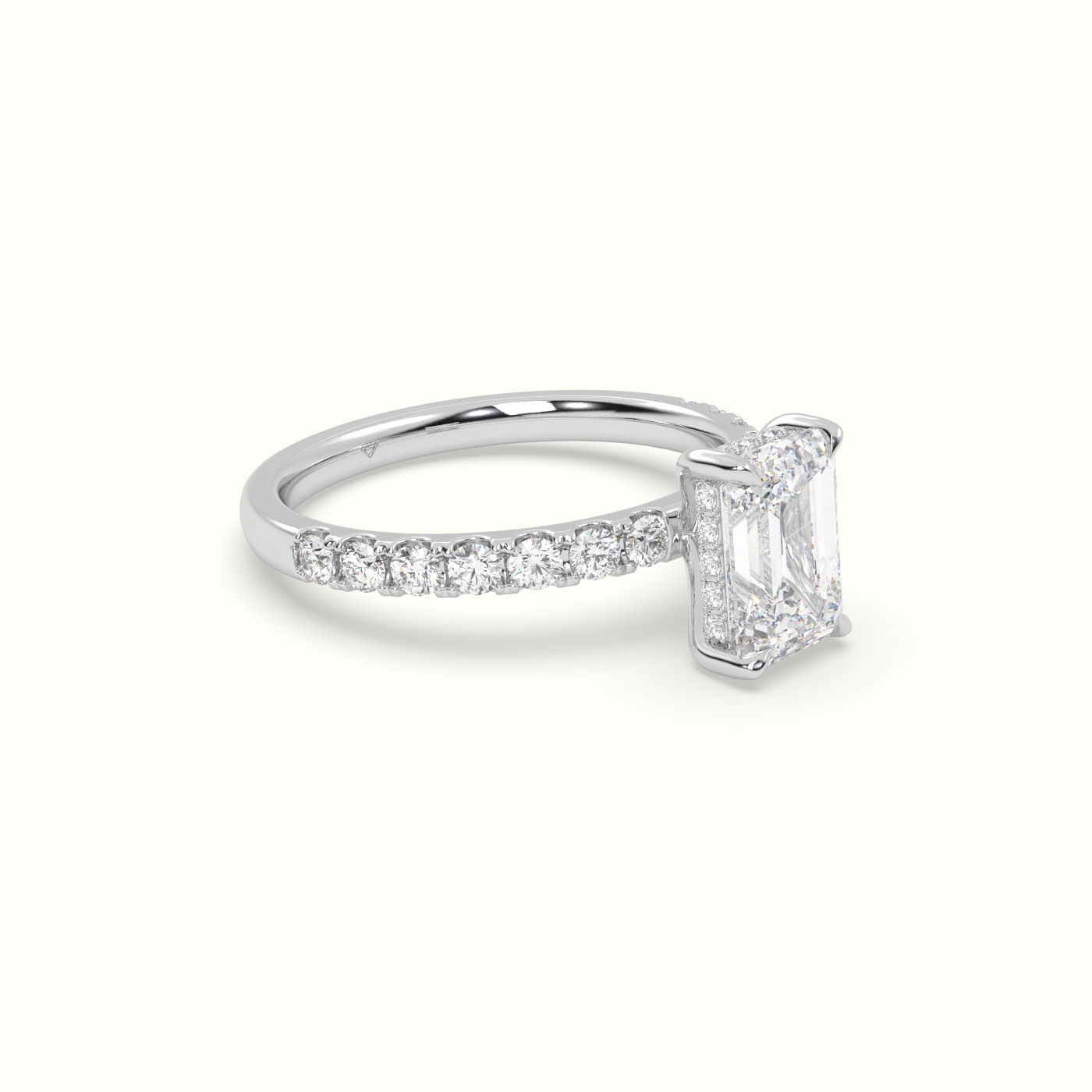 18K White Gold Emerald Cut Hidden Halo Side Stone Engagement Ring