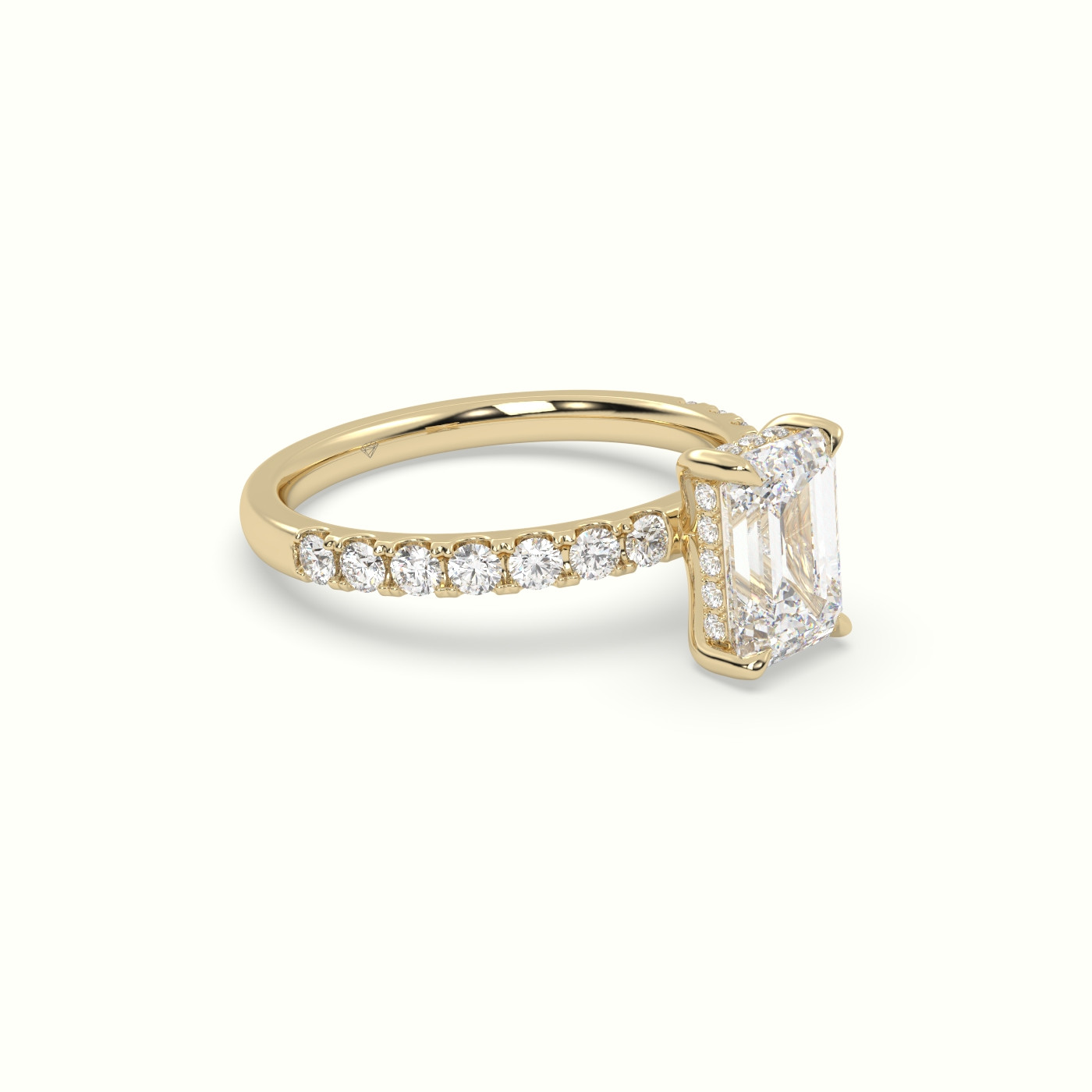 18K Yellow Gold Emerald Cut Hidden Halo Side Stone Engagement Ring
