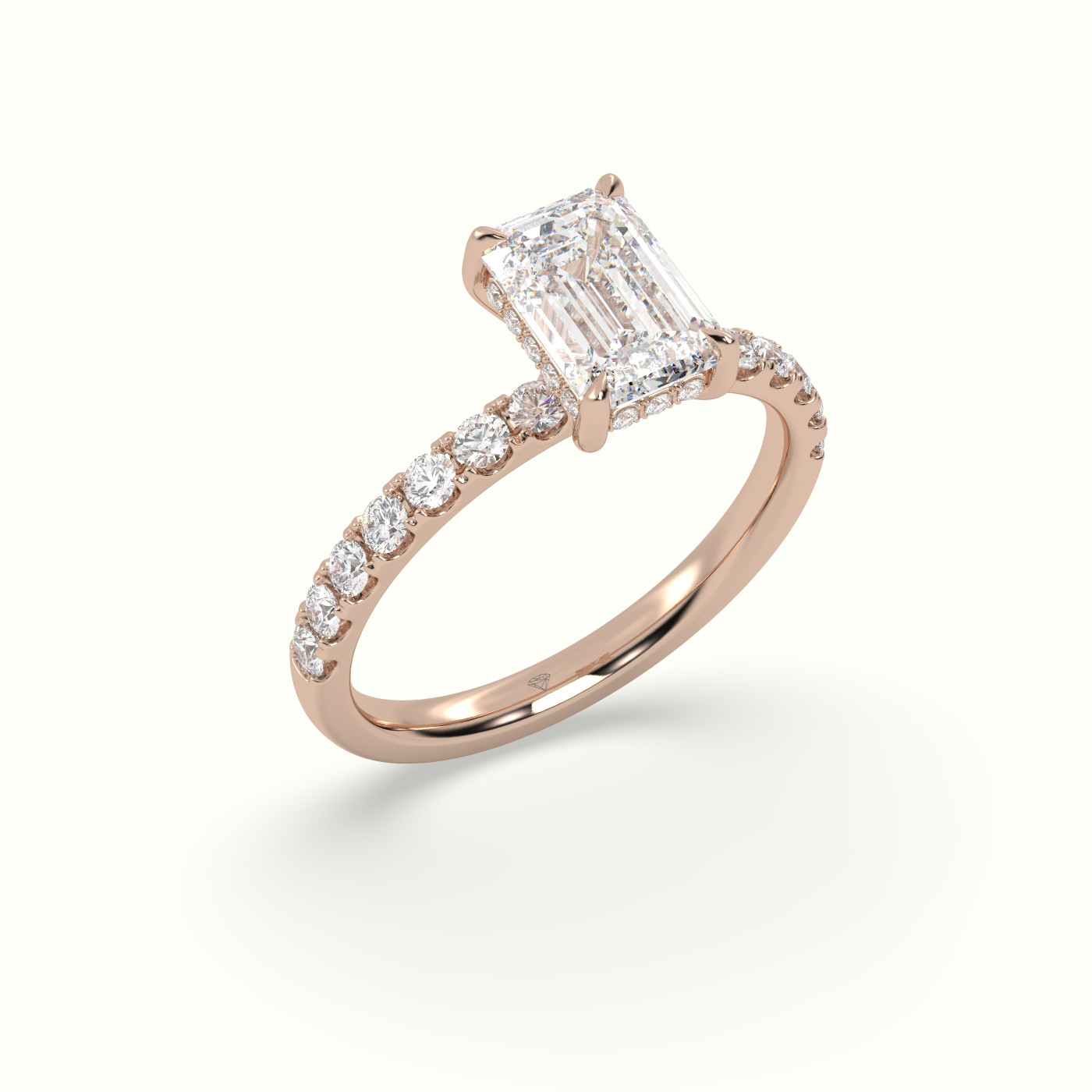 18K Rose Gold Emerald Cut Hidden Halo Side Stone Engagement Ring