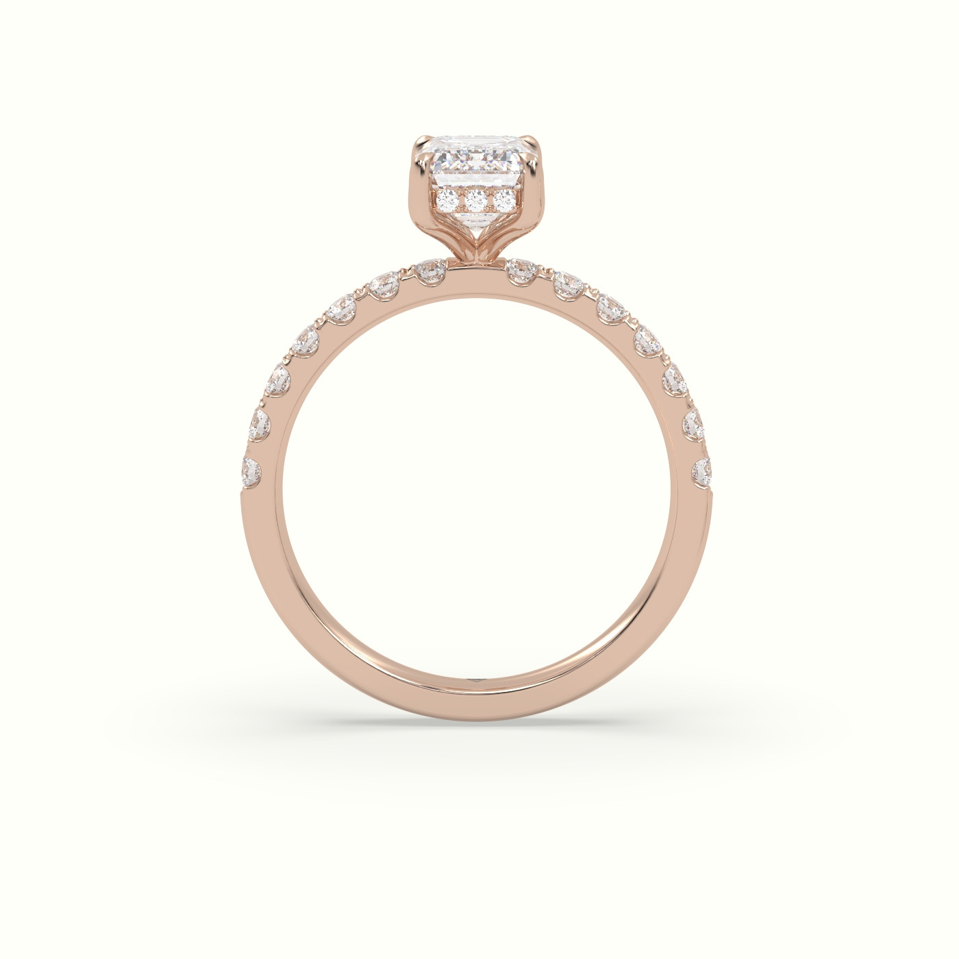 18K Rose Gold Emerald Cut Hidden Halo Side Stone Engagement Ring