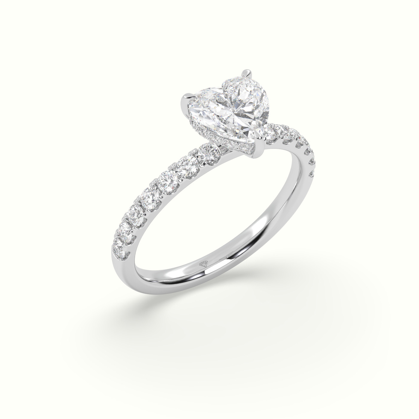 18K White Gold Heart Cut Hidden Halo Side Stone Engagement Ring