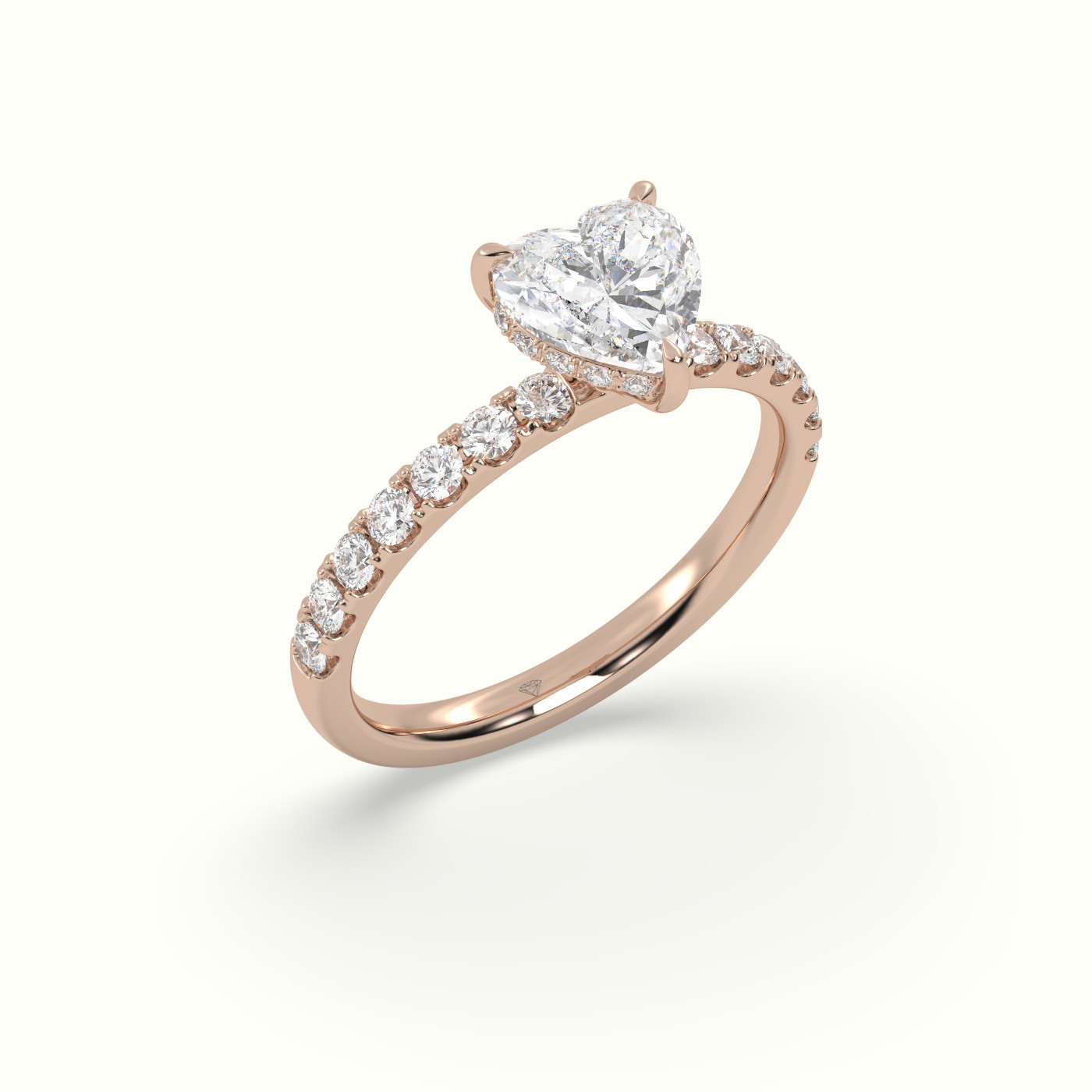 18K Rose Gold Heart Cut Hidden Halo Side Stone Engagement Ring