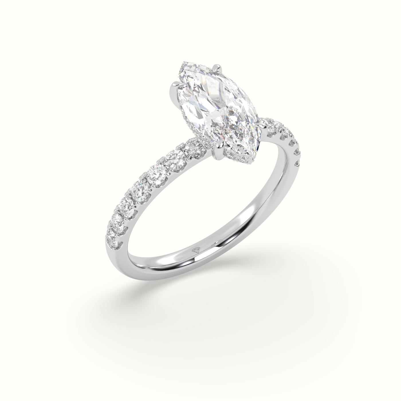 18K White Gold Marquise Cut Hidden Halo Side Stone Engagement Ring