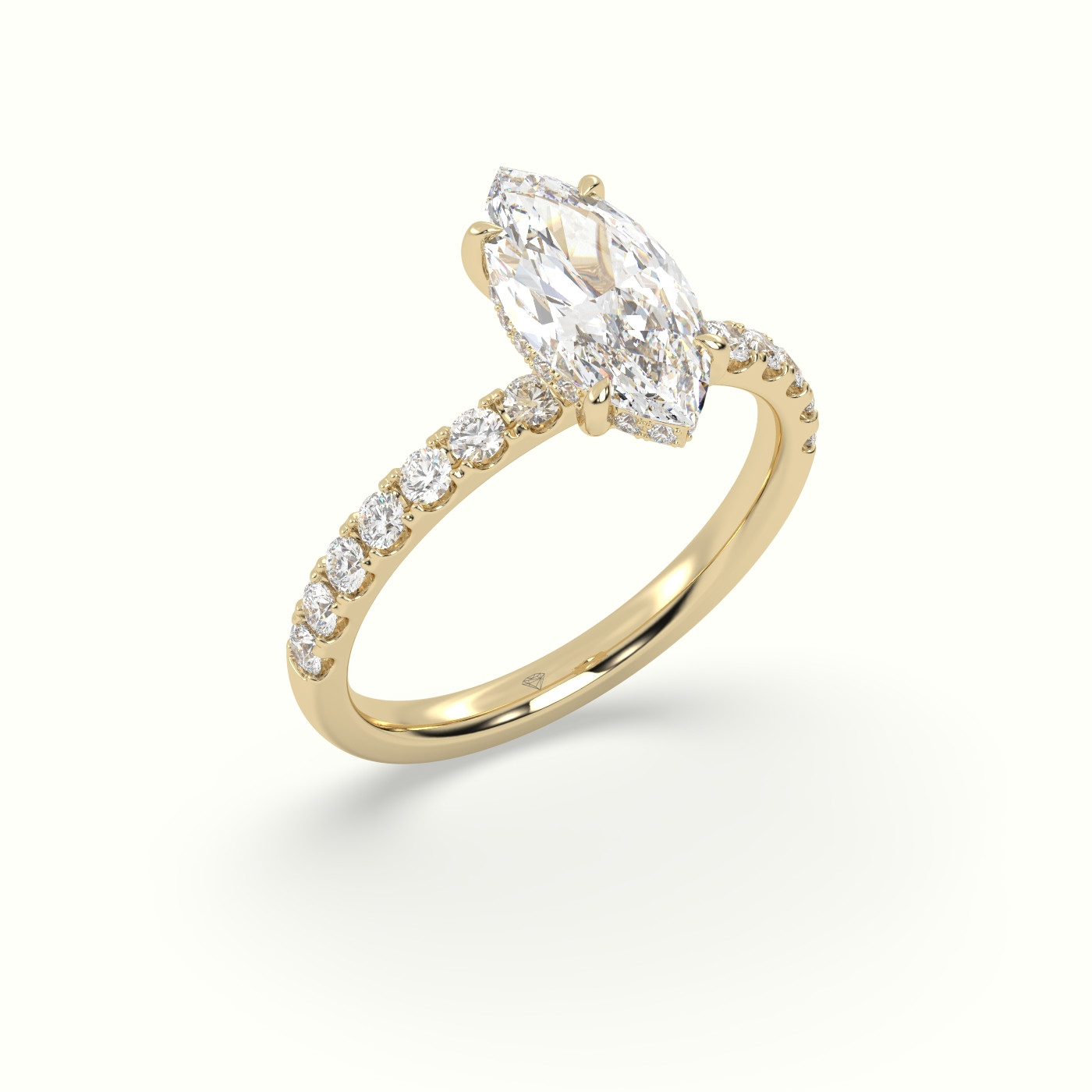 18K Yellow Gold Marquise Cut Hidden Halo Side Stone Engagement Ring