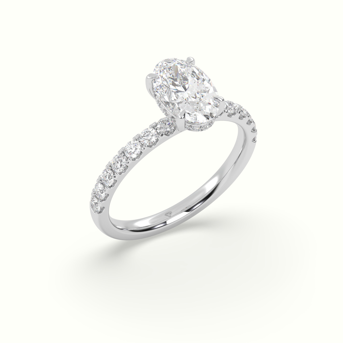 18K White Gold Oval Cut Hidden Halo Side Stone Engagement Ring