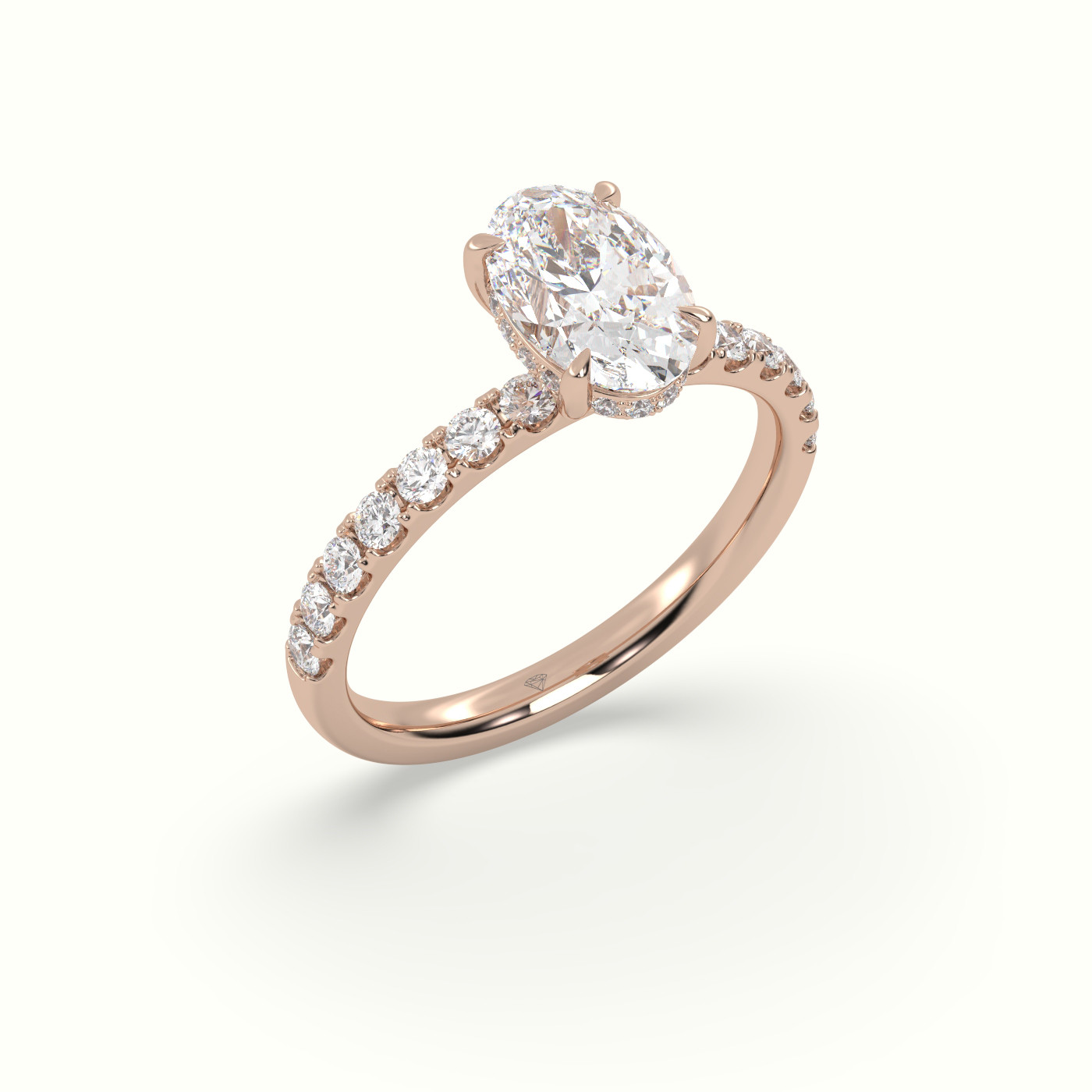 18K Rose Gold Oval Cut Hidden Halo Side Stone Engagement Ring