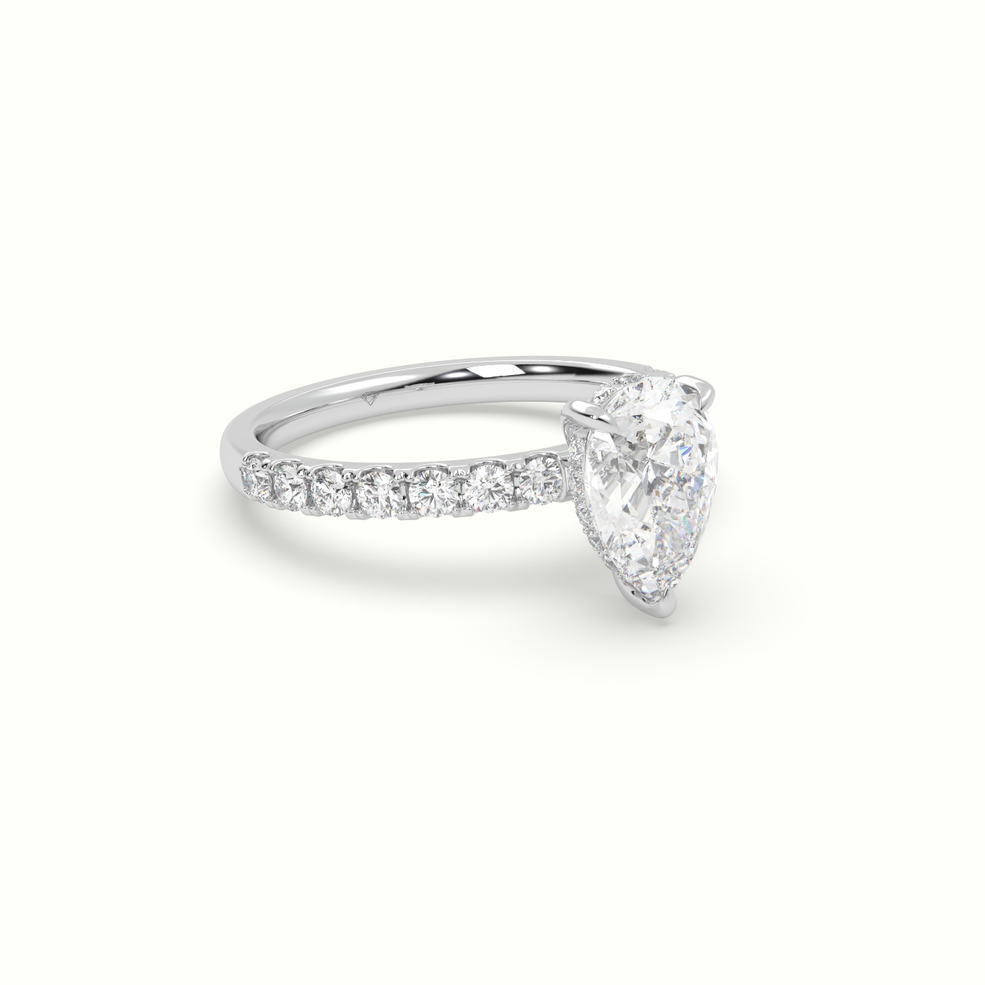 18K White Gold Pear Cut Hidden Halo Side Stone Engagement Ring