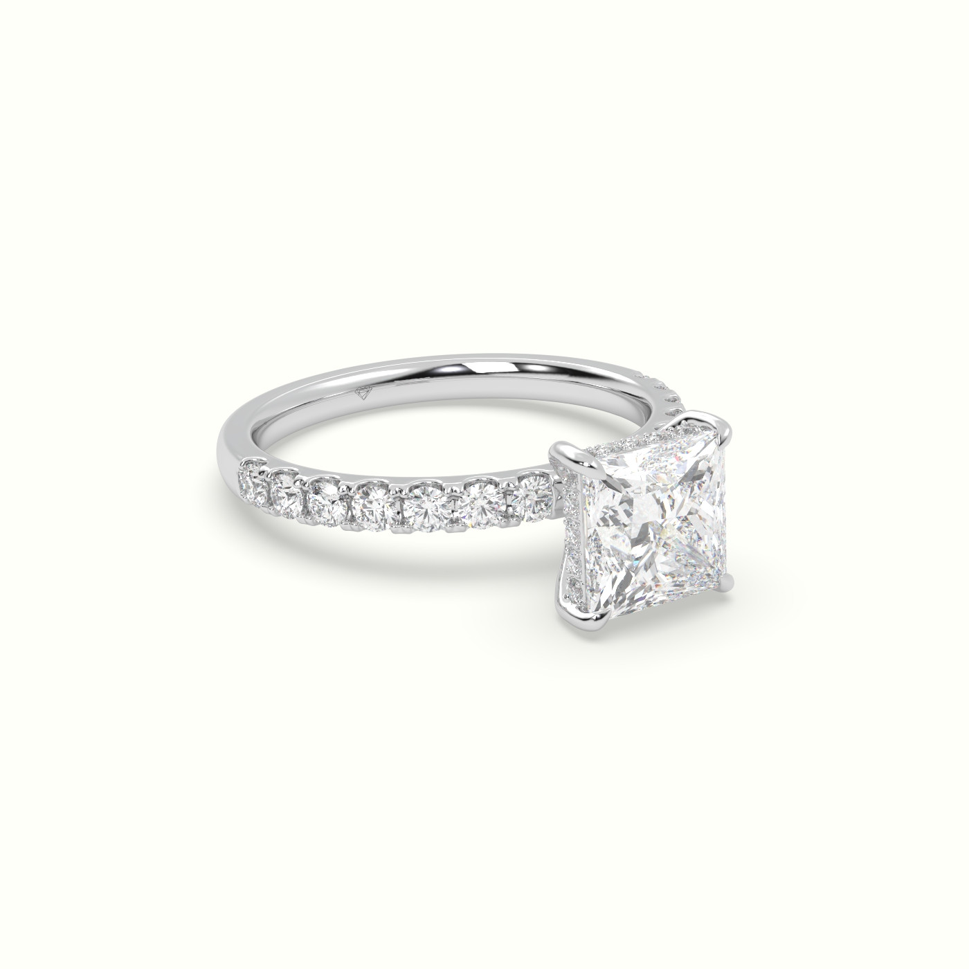 18K White Gold Princess Cut Hidden Halo Side Stone Engagement Ring