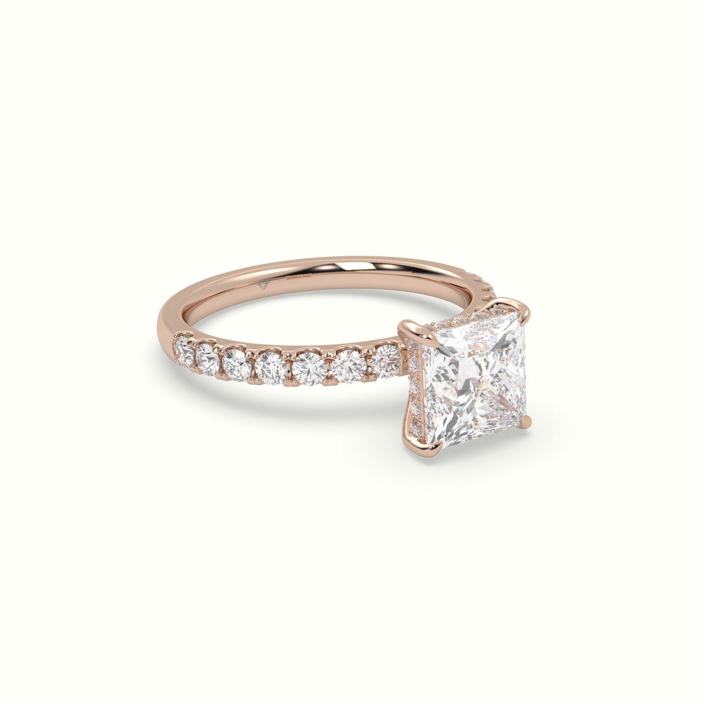 18K Rose Gold Princess Cut Hidden Halo Side Stone Engagement Ring