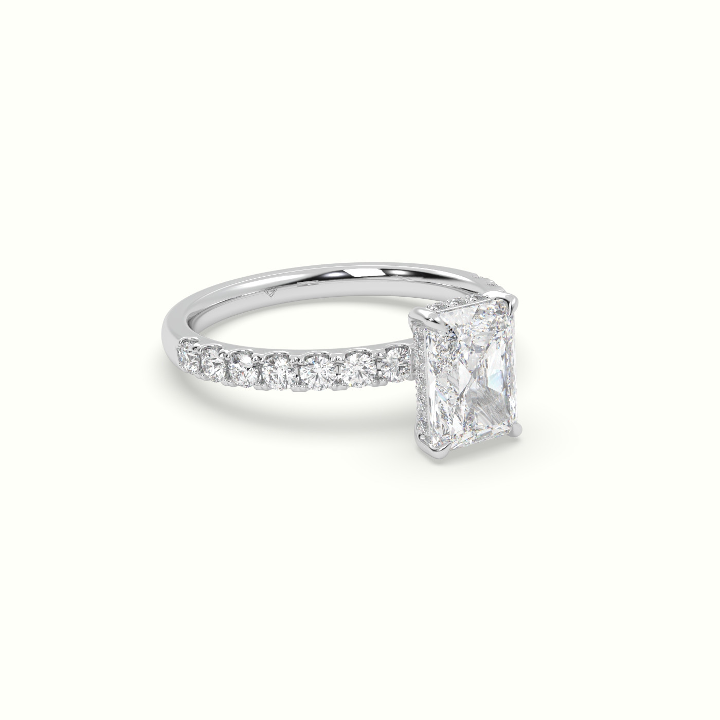 18K White Gold Radiant Cut Hidden Halo Side Stone Engagement Ring