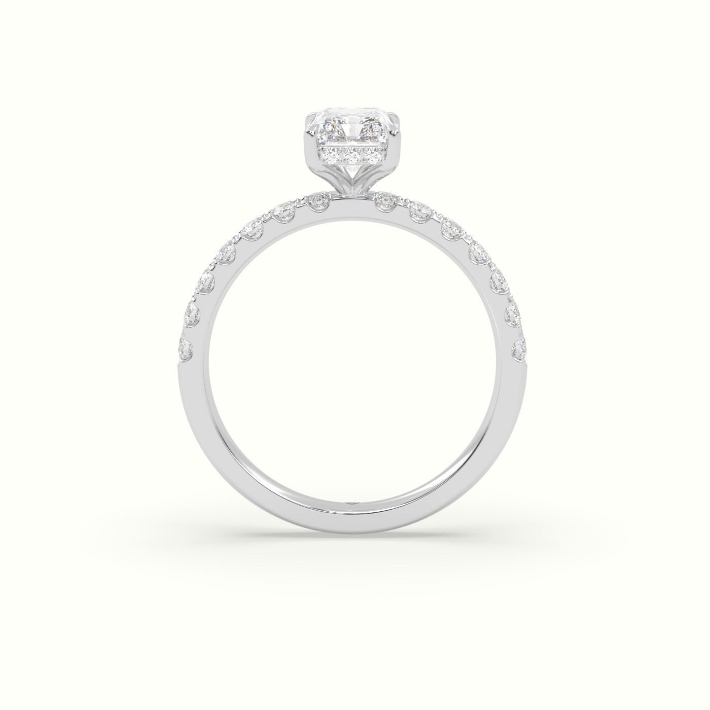 18K White Gold Radiant Cut Hidden Halo Side Stone Engagement Ring