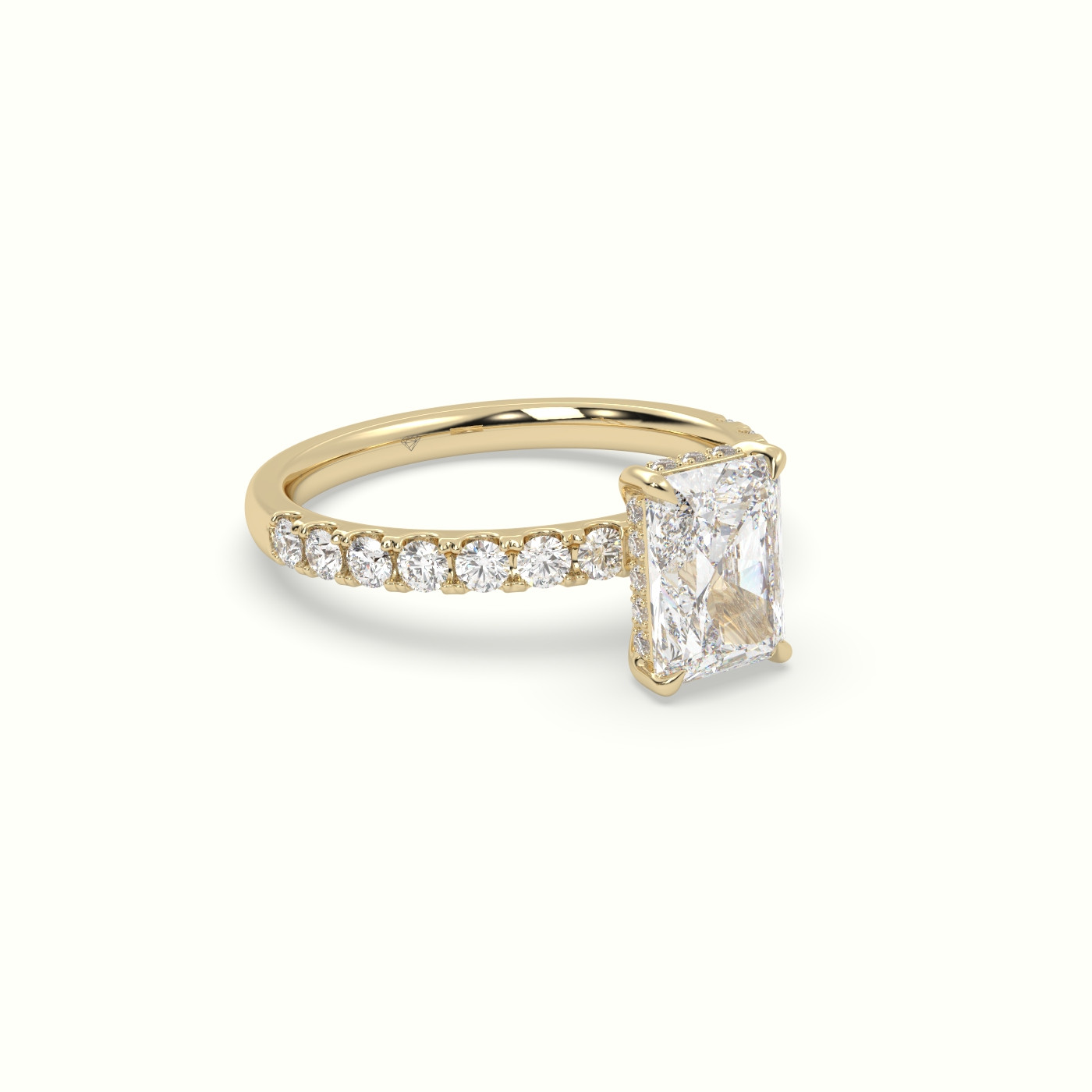 18K Yellow Gold Radiant Cut Hidden Halo Side Stone Engagement Ring