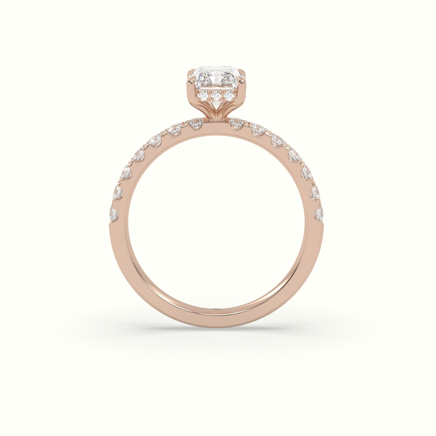 18K Rose Gold Radiant Cut Hidden Halo Side Stone Engagement Ring