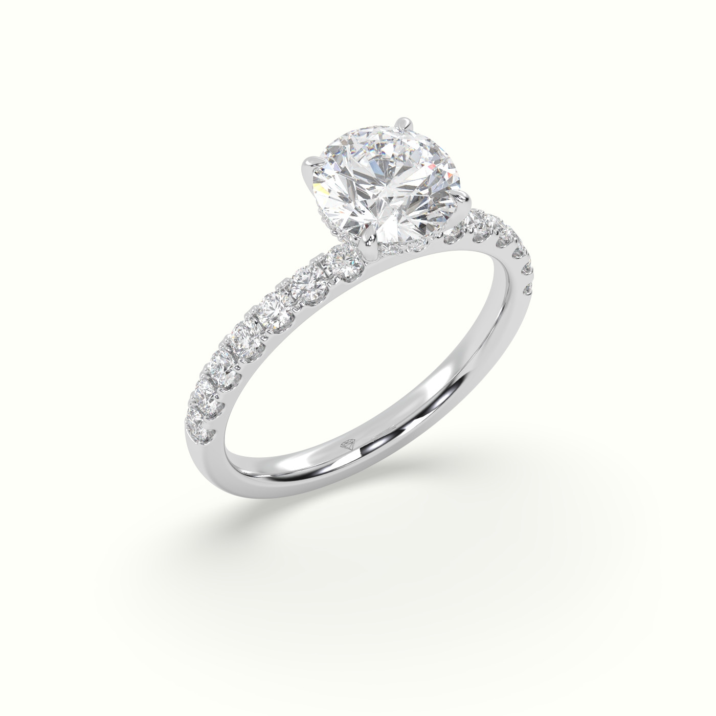 18K White Gold Round Cut Hidden Halo Side Stone Engagement Ring