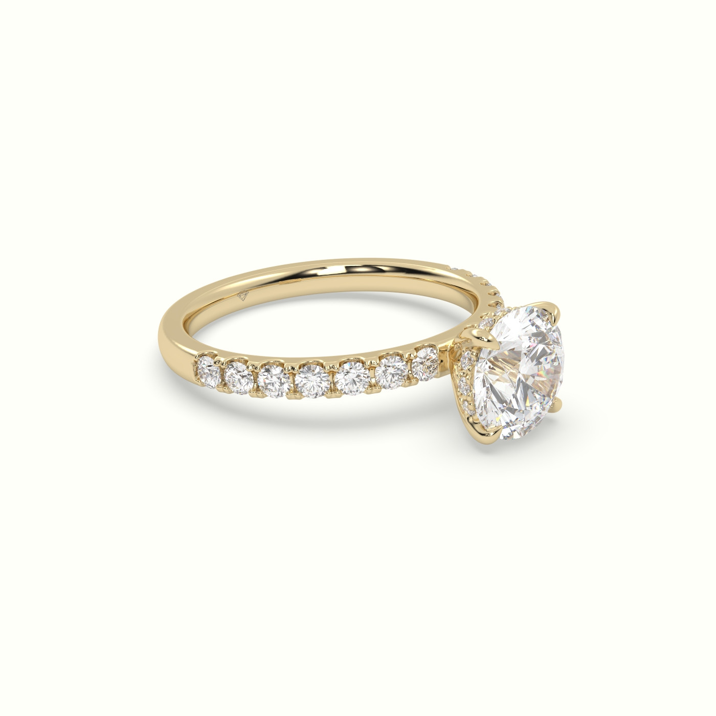 18K Yellow Gold Round Cut Hidden Halo Side Stone Engagement Ring