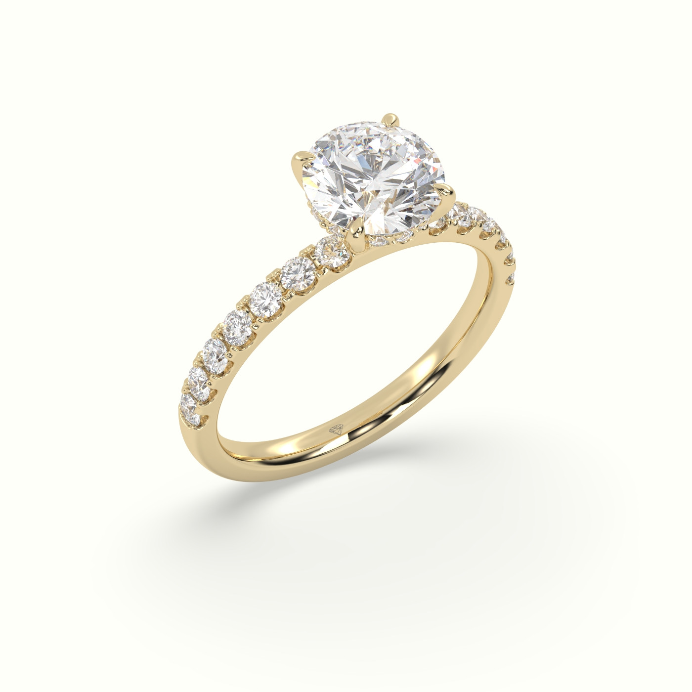 18K Yellow Gold Round Cut Hidden Halo Side Stone Engagement Ring