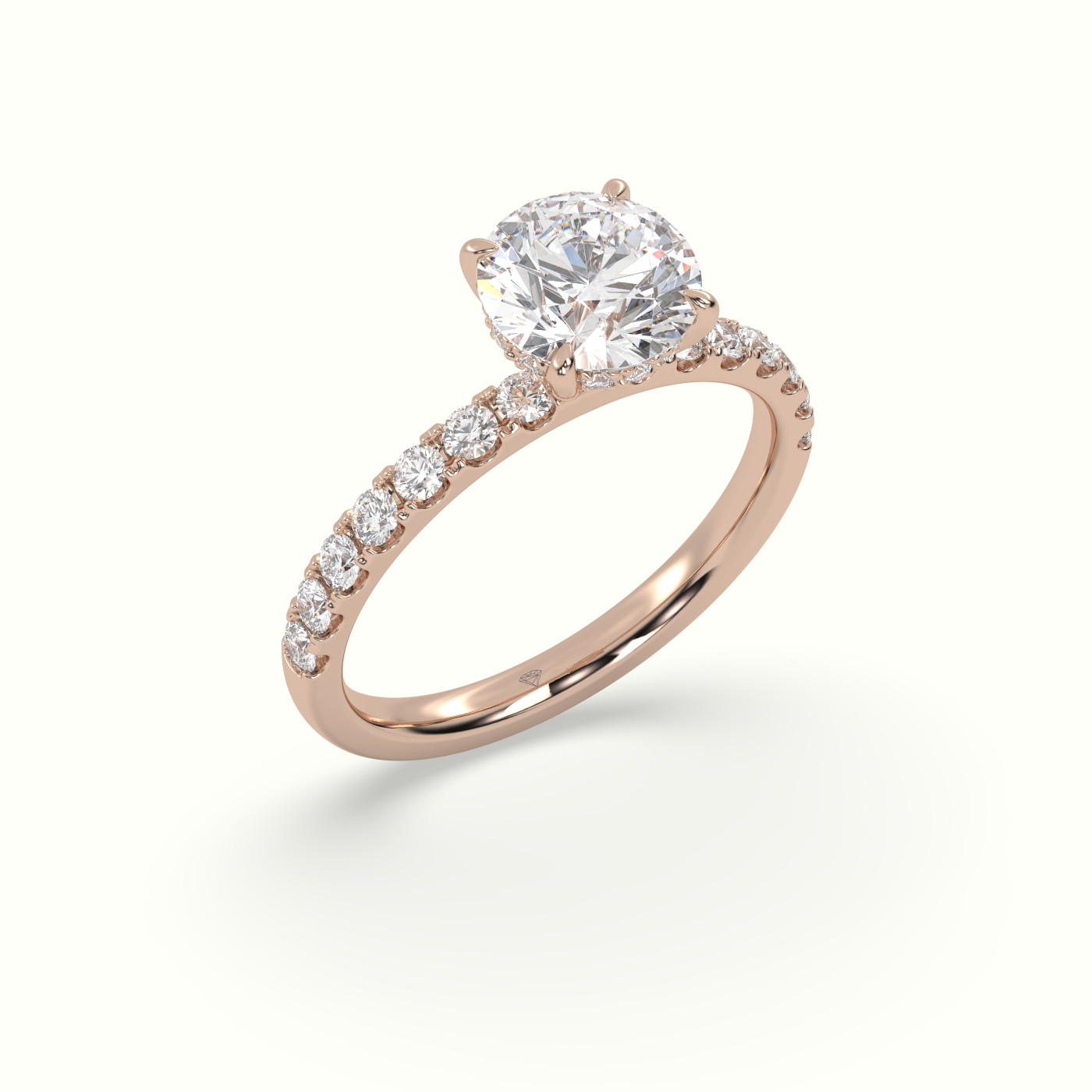 18K Rose Gold Round Cut Hidden Halo Side Stone Engagement Ring