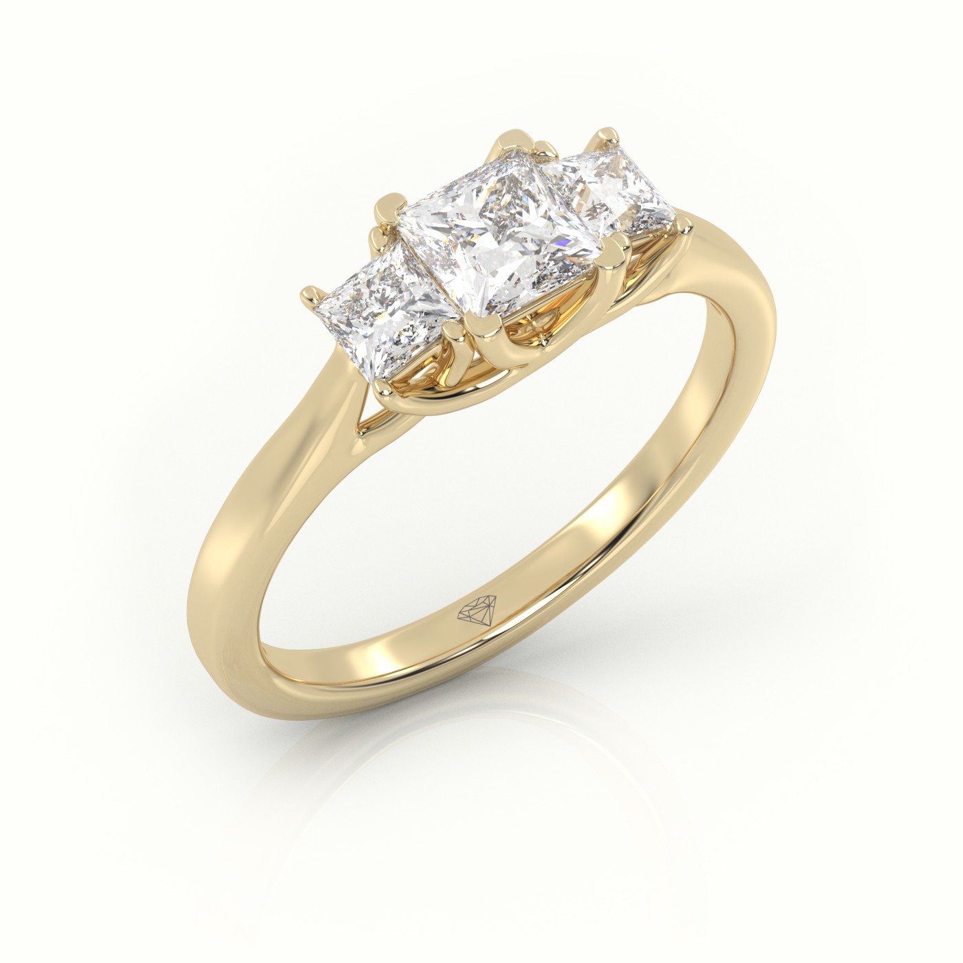 18K YELLOW GOLD PRINCESS CUT DIAMOND 4 PRONGS SIDE STONE ENGAGEMENT RING