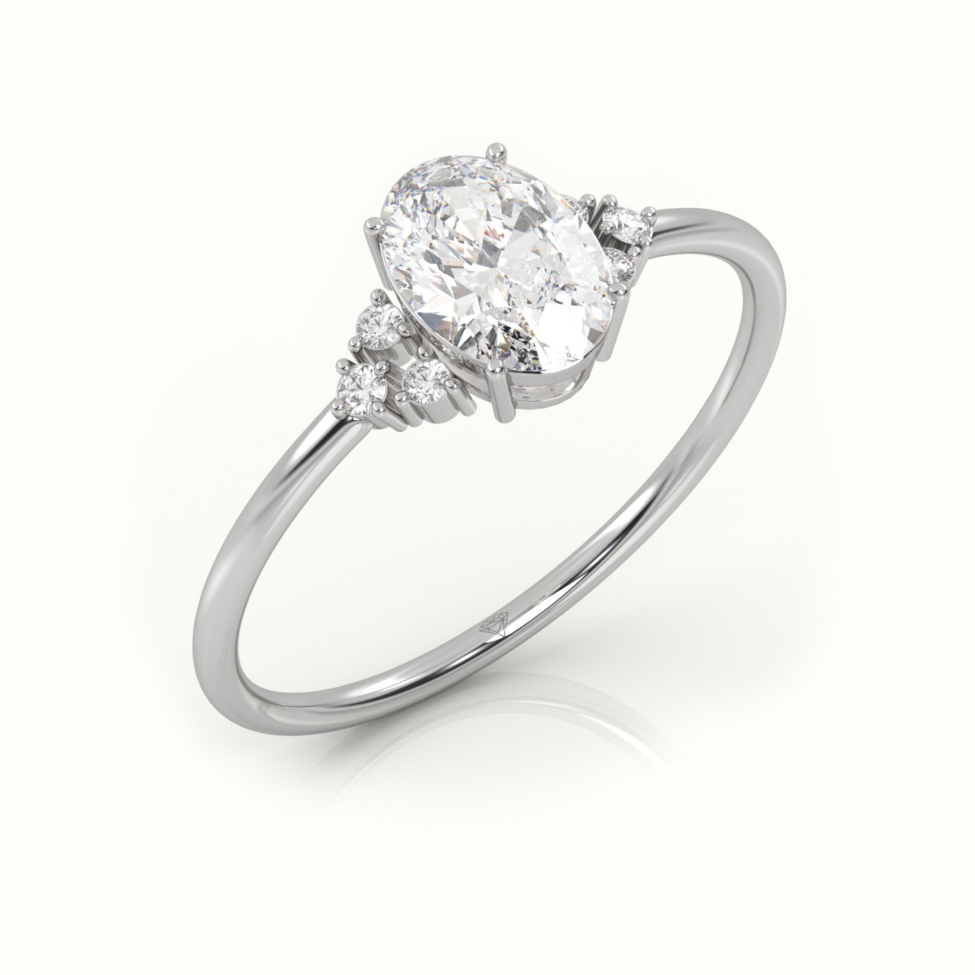 10K WHITE GOLD OVAL CUT DIAMOND 4 PRONGS SIDE STONE DESIGNER RING