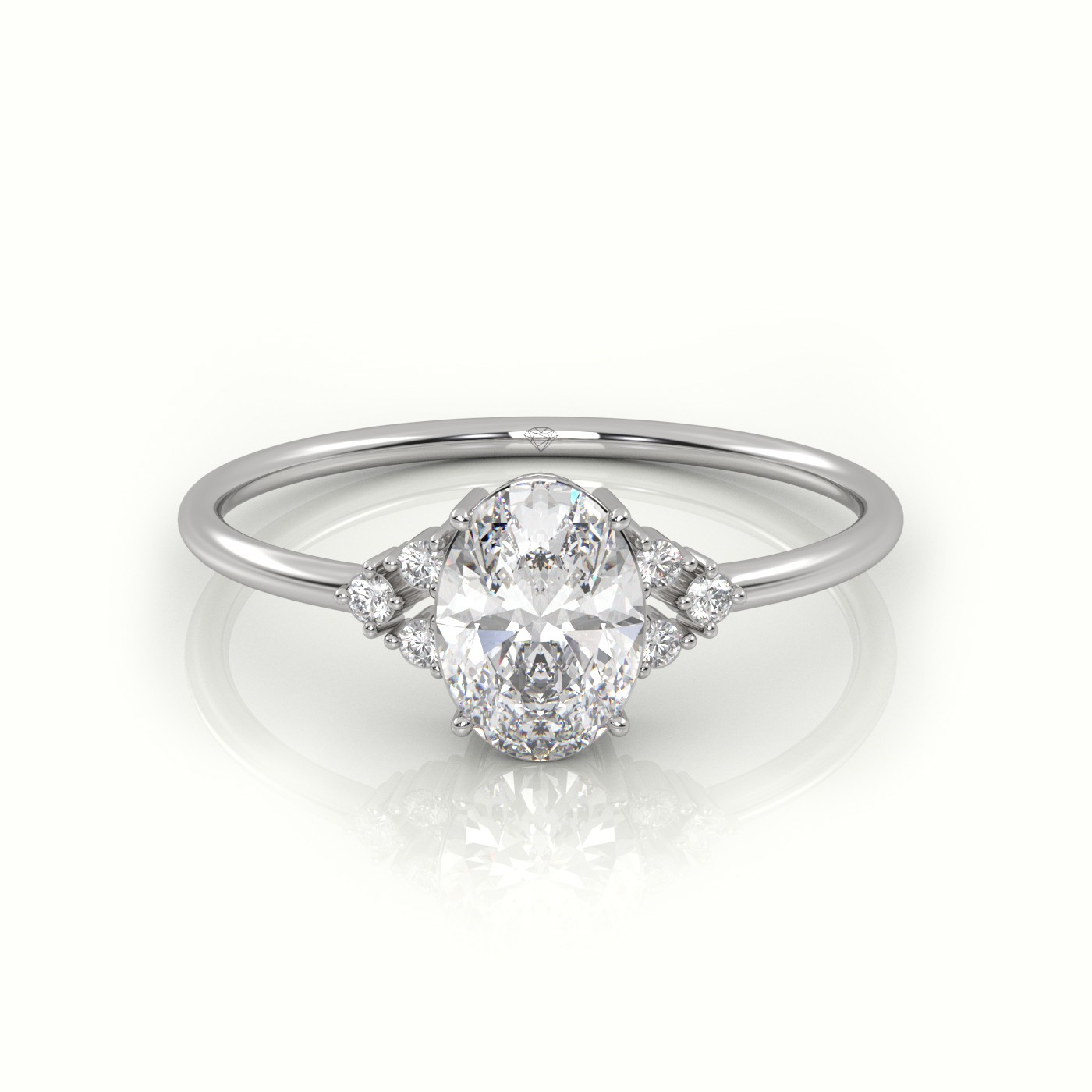 10K WHITE GOLD OVAL CUT DIAMOND 4 PRONGS SIDE STONE DESIGNER RING