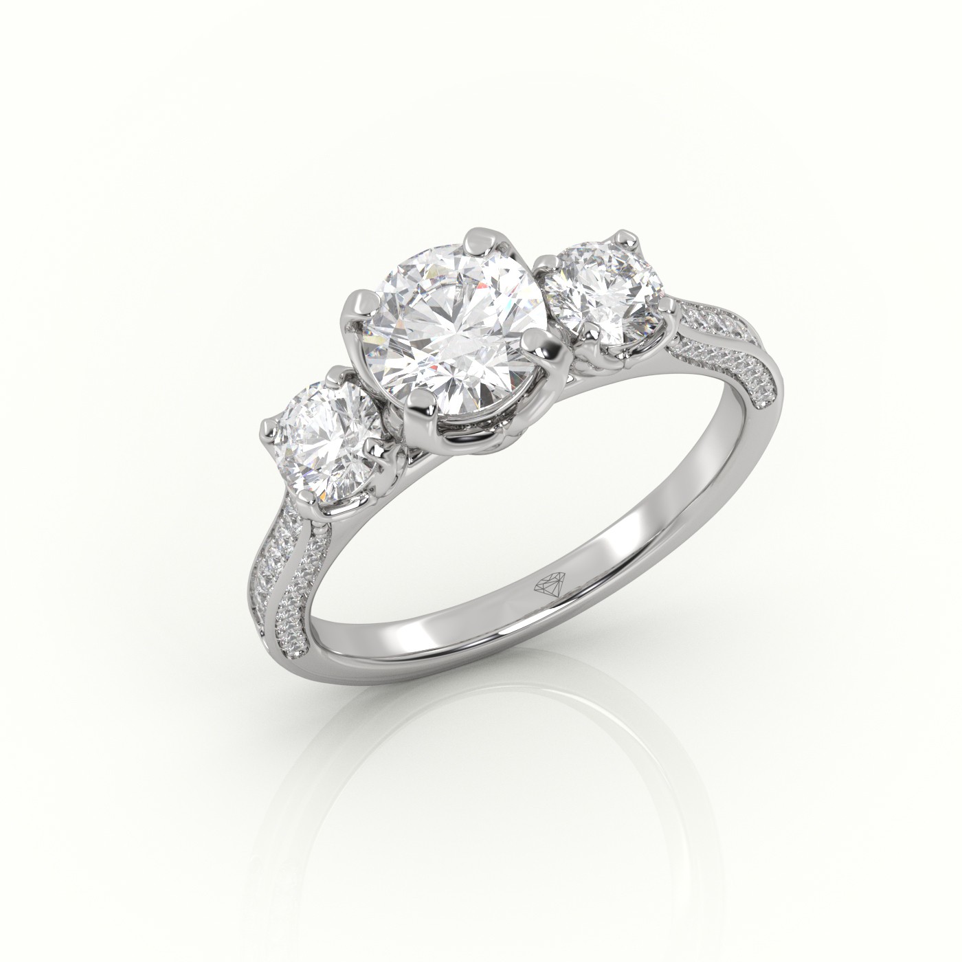 10K WHITE GOLD ROUND-CUT DIAMOND SIDE STONE PAVE SETTING ENGAGEMENT RING