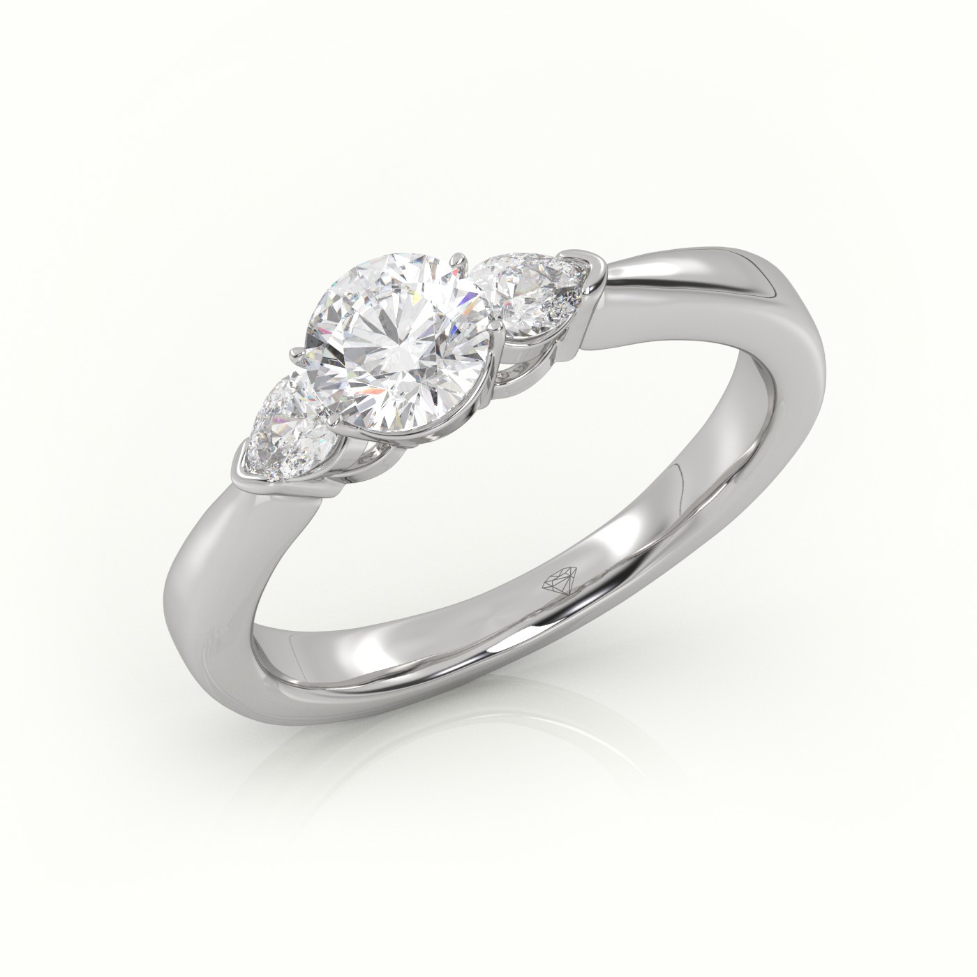 10K WHITE GOLD ROUND CUT DIAMOND 4 PRONGS PEAR SIDE STONE ENGAGEMENT RING