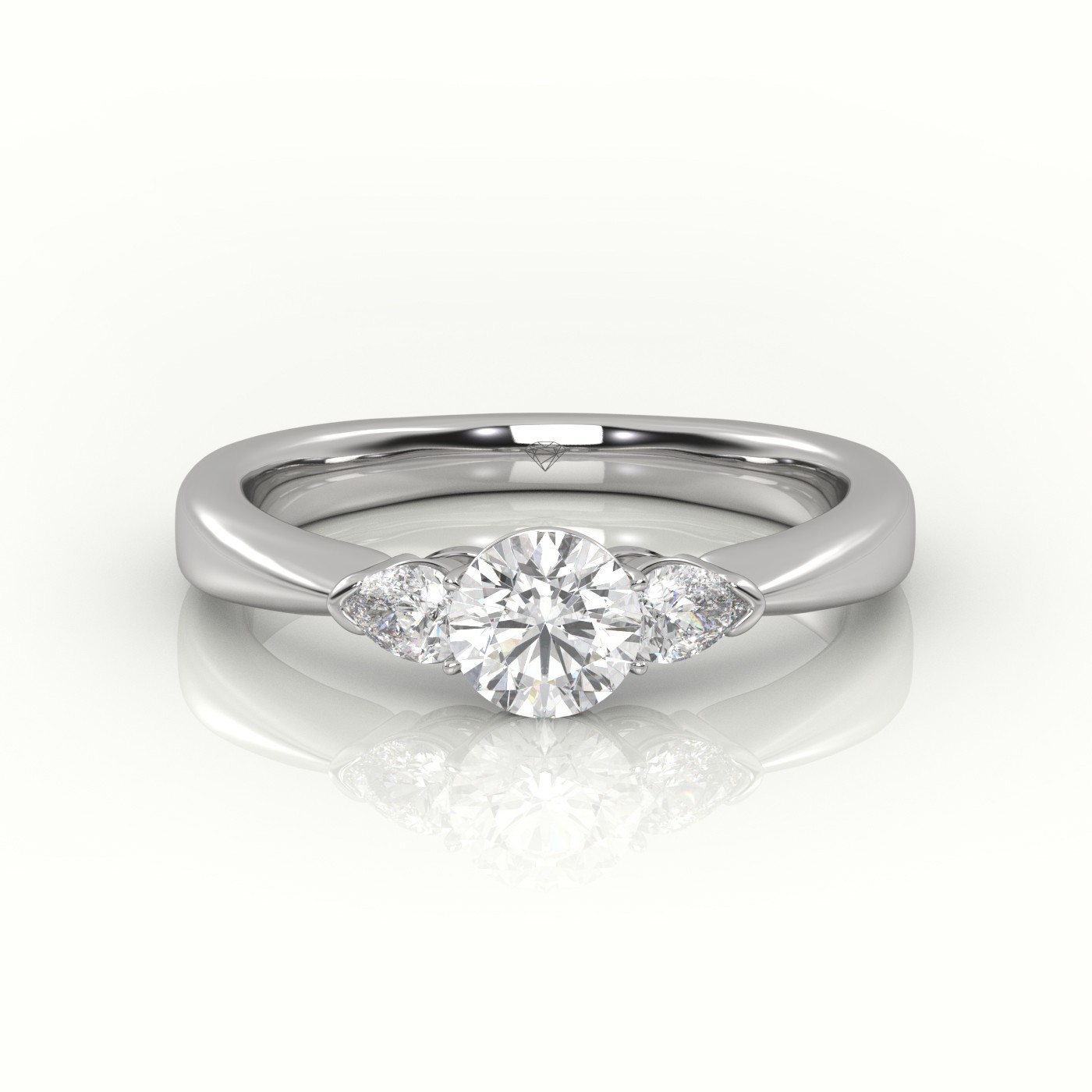 10K WHITE GOLD ROUND CUT DIAMOND 4 PRONGS PEAR SIDE STONE ENGAGEMENT RING