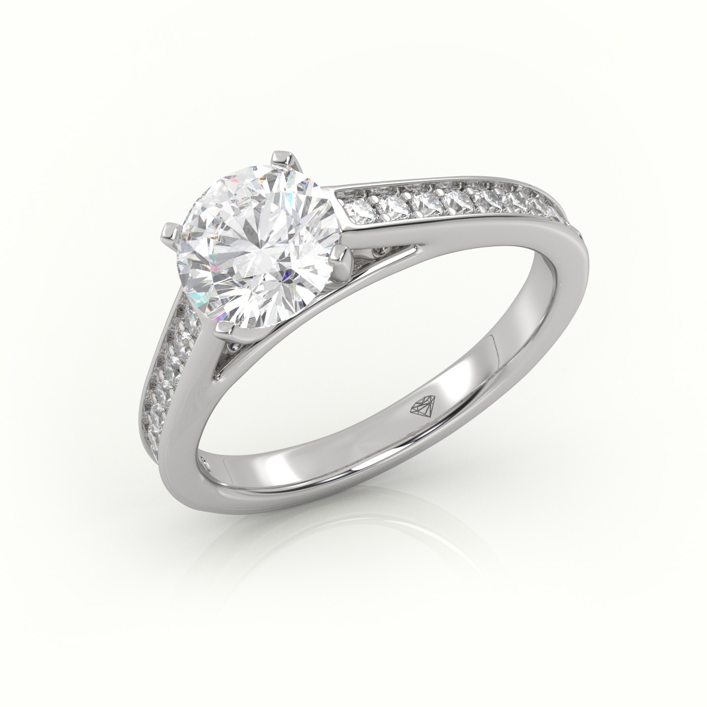 10K WHITE GOLD ROUND CUT DIAMOND 4 PRONGS CHANNEL-SETTING ENGAGEMENT RING
