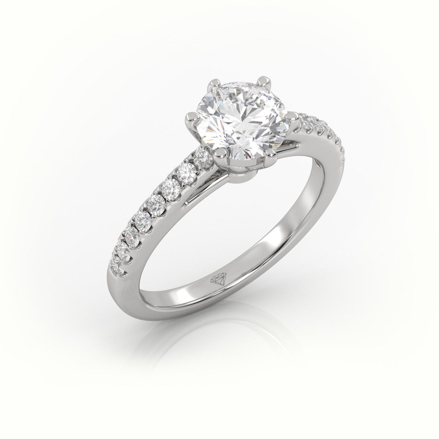 10K WHITE GOLD ROUND CUT DIAMOND 6 PRONGS PAVE SETTING ENGAGEMENT RING