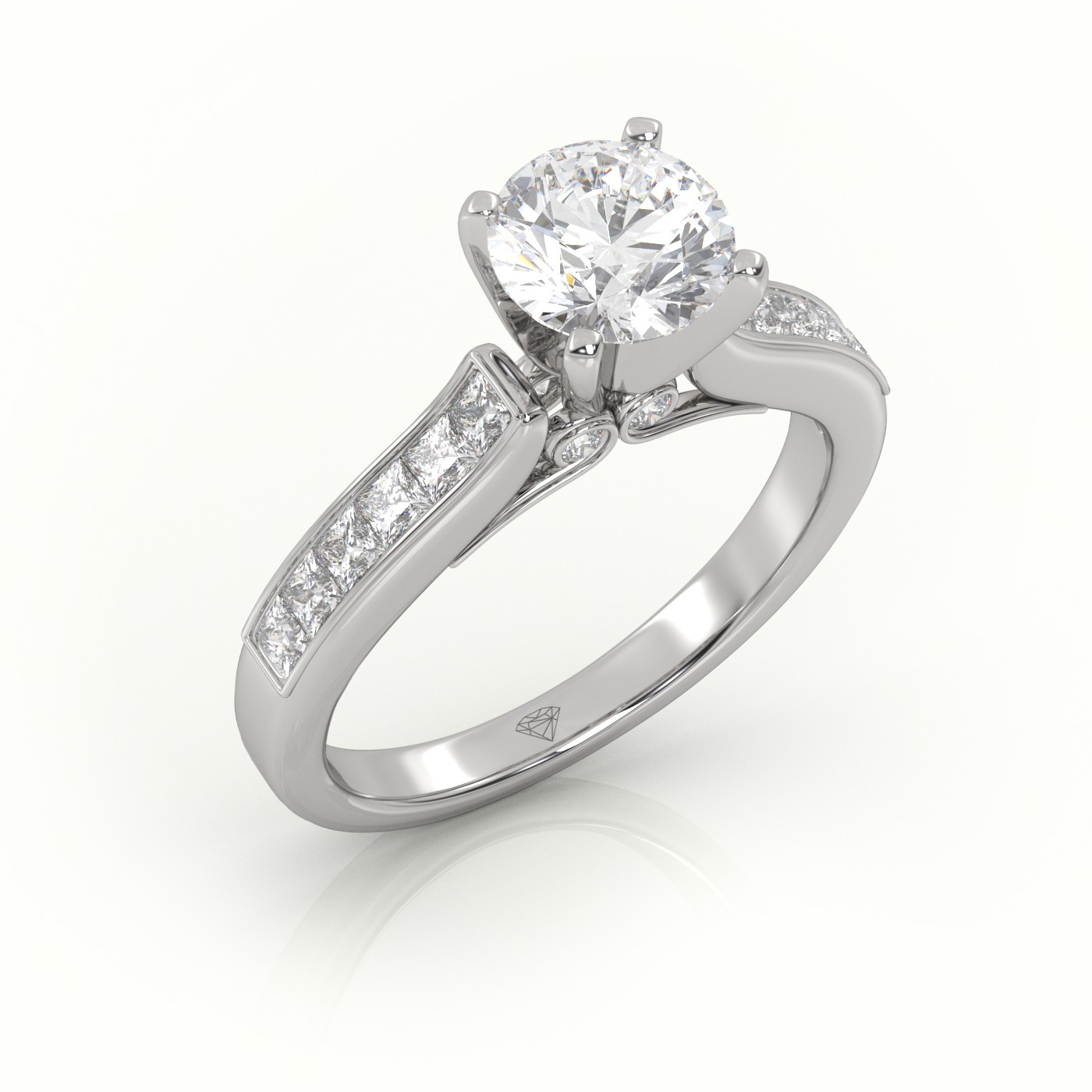 10K WHITE GOLD ROUND-CUT-DIAMOND 4 PRONGS CHANNEL SETTING ENGAGEMENT RING