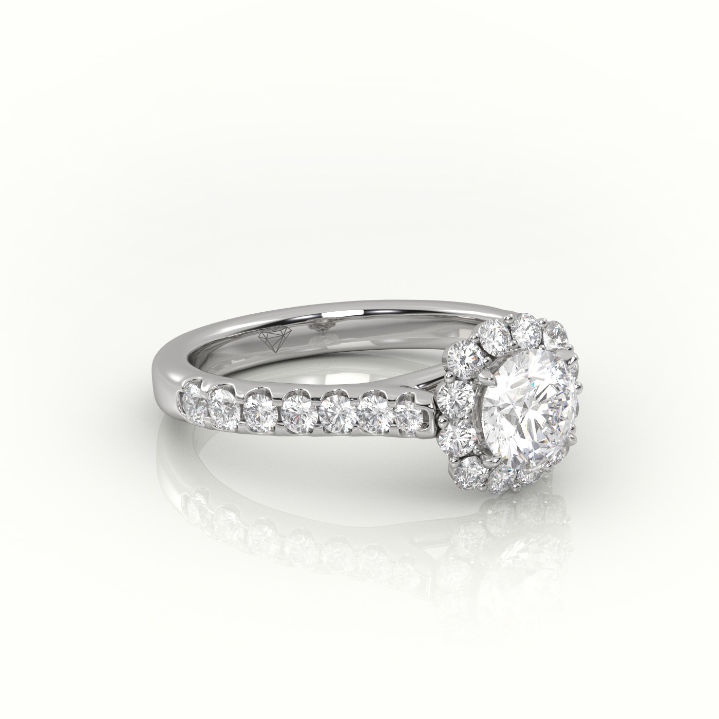 10K WHITE GOLD ROUND-CUT DIAMOND 4 PRONGS HALO SCALLOP SETTING ENGAGEMENT RING