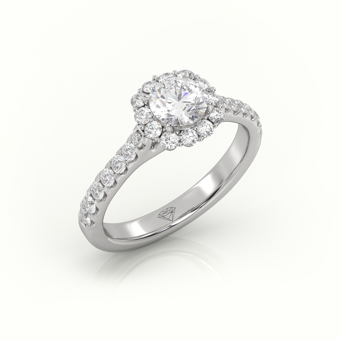 10K WHITE GOLD ROUND-CUT DIAMOND 4 PRONGS HALO SCALLOP SETTING ENGAGEMENT RING